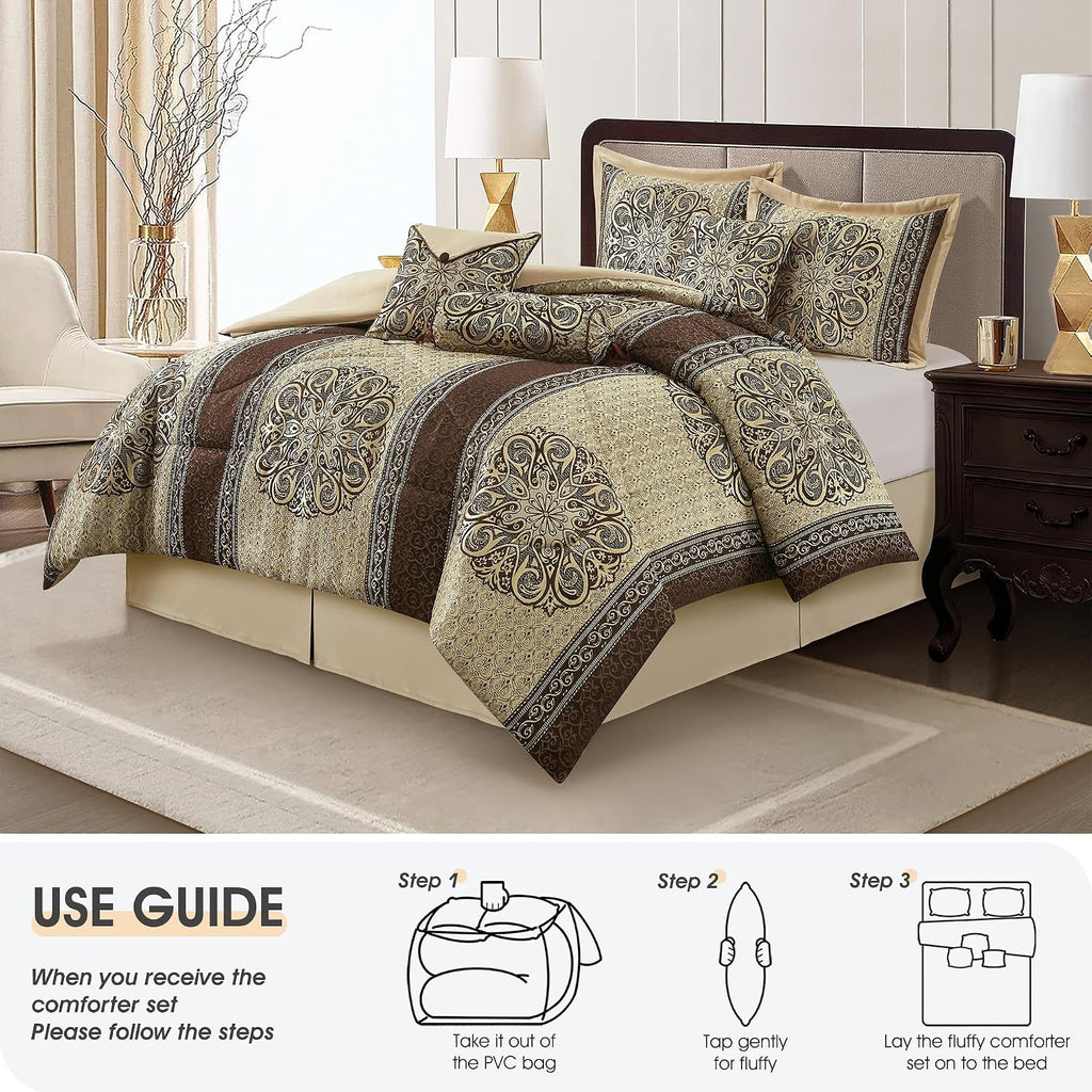 LANCO MODERN LIFESTYLE Queen Comforter Set, Brown Medallion Jacquard Design, Luxurious Bohemian 7 Pieces Bedding Set with Decorative Pillows and Bed Skirt