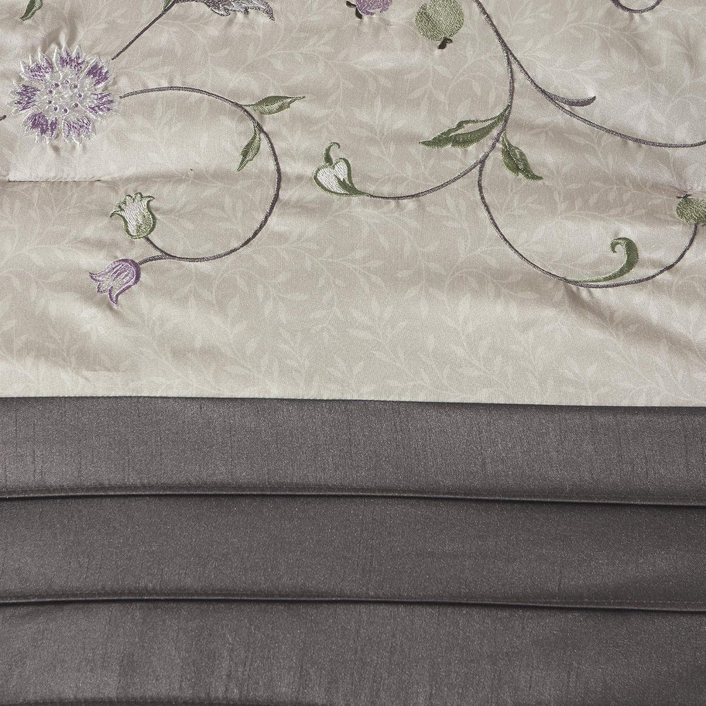 Madison Park Serene Faux Silk Comforter Set - Floral Embroidery Design, All Season Bedding Set, Matching Bed Skirt, Decorative Pillows, Purple Queen(90'x90') 7 Piece