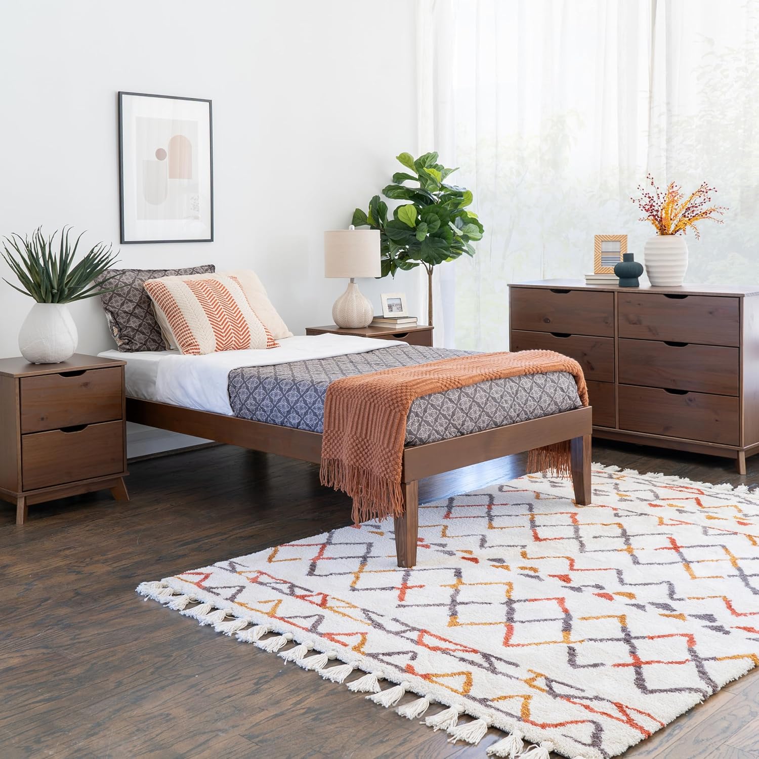 Powell Fordham Walnut Solid Pine Wood Twin Sized Platform Bed with Six Drawer Dresser and Set of 2 Two Drawer Nightstands