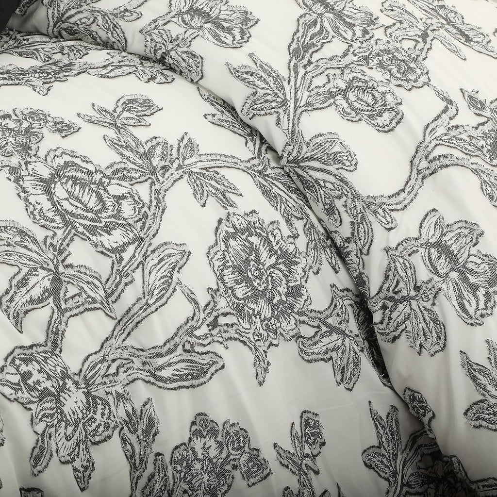 Grand Avenue Black and White Comforter Set Queen Size, 7 Piece Clip Jacquard Floral Bedding Set, All Season Comforters, Bedskirt, Pillows & Shams