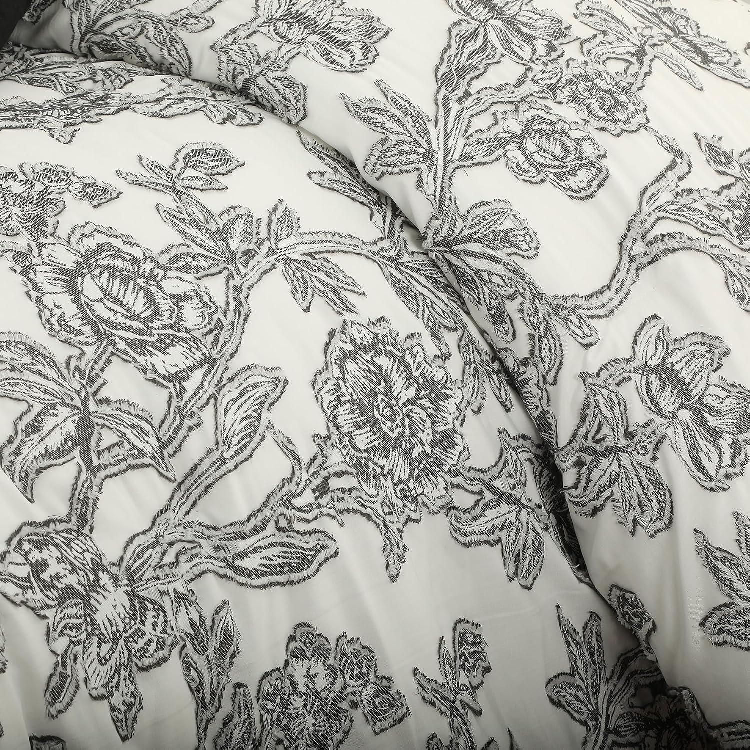 Grand Avenue Black and White Comforter Set Queen Size, 7 Piece Clip Jacquard Floral Bedding Set, All Season Comforters, Bedskirt, Pillows & Shams