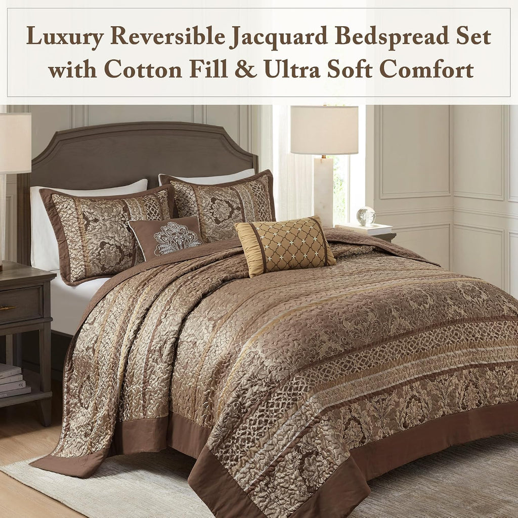 Madison Park Bellagio Reversible Quilted Bedspread Set, Solid Reverse Summer Breathable, Lightweight All Season Bedding Layer, Matching Shams, Bedspread King(120'x118'), Brown 5 Piece