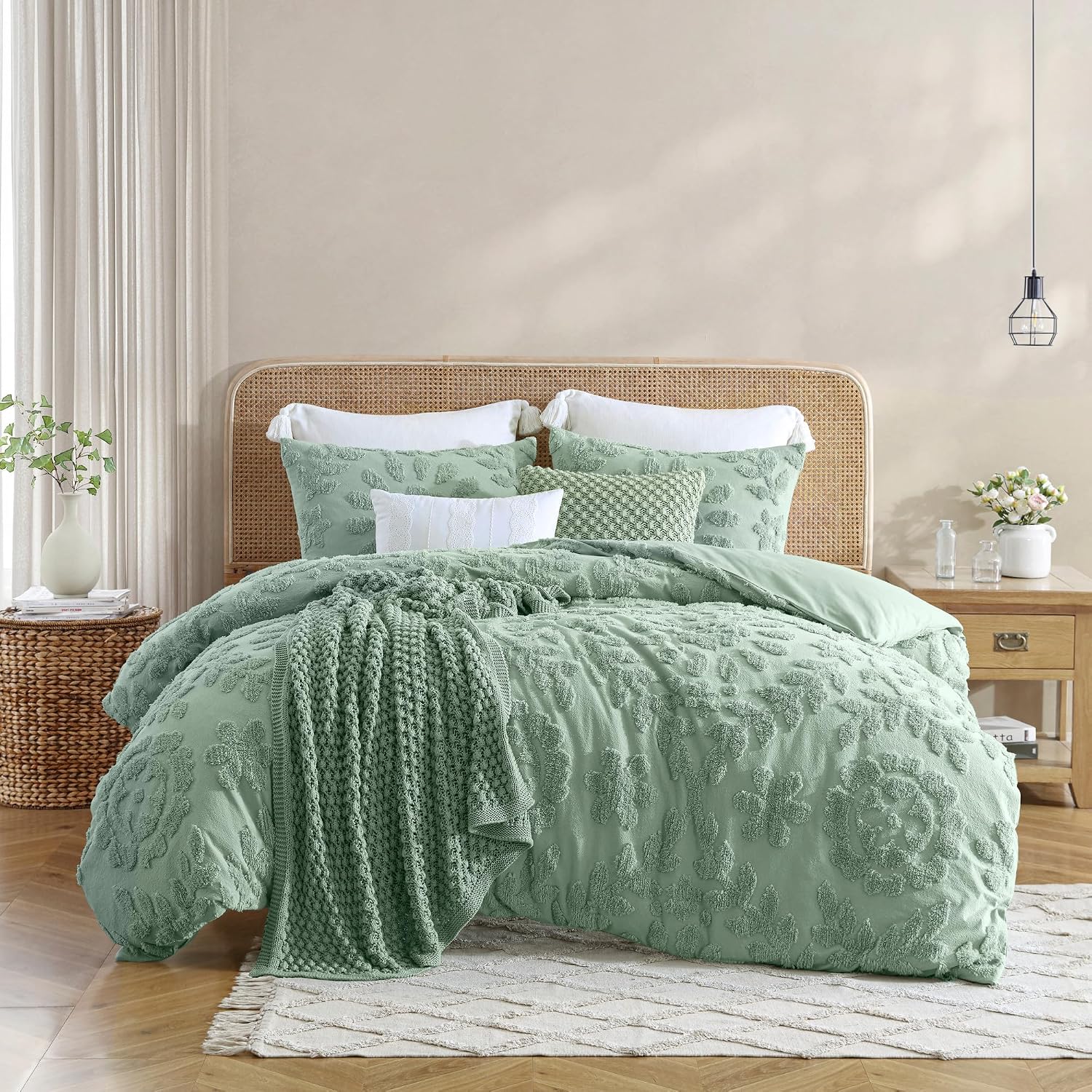 Peri Home 100% Cotton 3-Piece Comforter and Sham Set, King, Sage Chenille Laurel