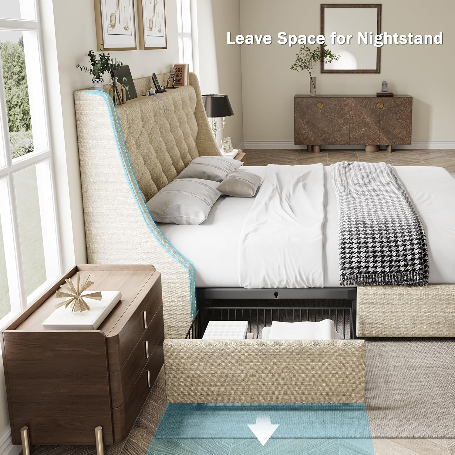GalnFu King Size Bed Frame with 4 Storage Drawers, Giant Upholstered Wingback Headboard, Fast Charging Station, No Box Spring Needed, Noise-Free, Beige