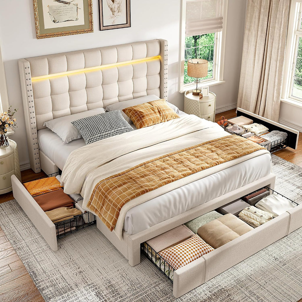 EnHomee Full Bed Frame with Adjustable Headboard &3 Storage Drawers,Upholstered Bed Frame Full Size with LED Light,No Box Spring Needed,Noise Free,Easy Assembly,Beige
