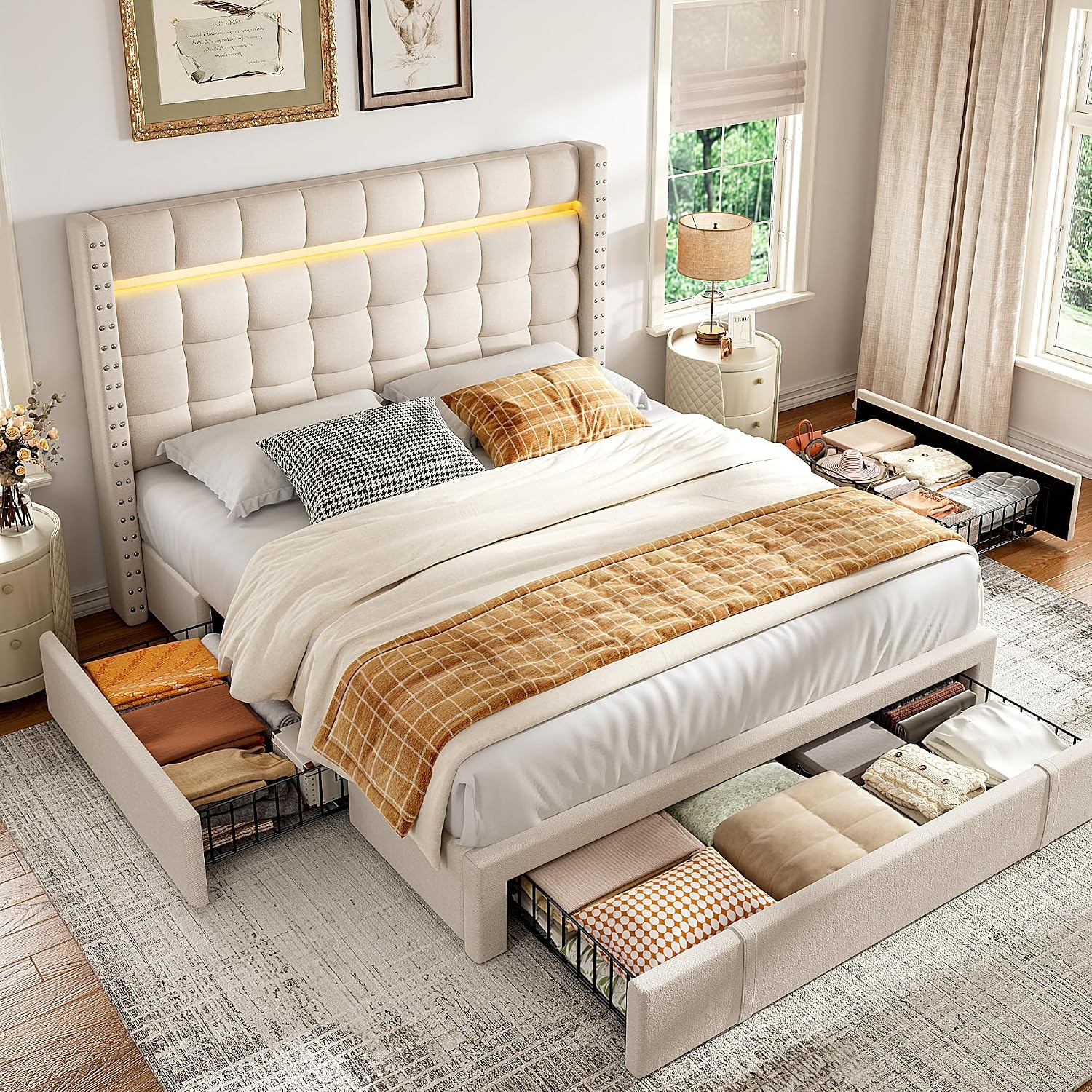 EnHomee Full Bed Frame with Adjustable Headboard &3 Storage Drawers,Upholstered Bed Frame Full Size with LED Light,No Box Spring Needed,Noise Free,Easy Assembly,Beige