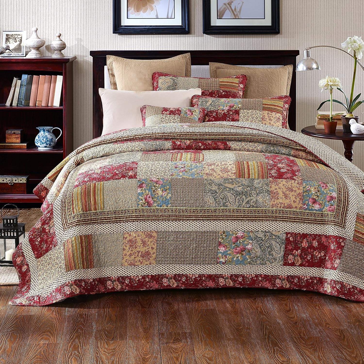 Tache Cotton Patchwork Country Farm Cottage Vintage Antique Ditsy Floral Paisley Burgundy Beige Lightweight Coverlet Fairy Tale Tea Party Quilt Set, Full