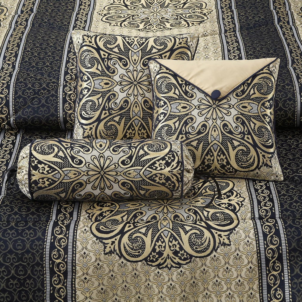 LANCO MODERN LIFESTYLE King Size Comforter Set, Navy Medallion Jacquard Design, Luxurious Bohemian 7 Pieces Bedding Set with Decorative Pillows and Bed Skirt