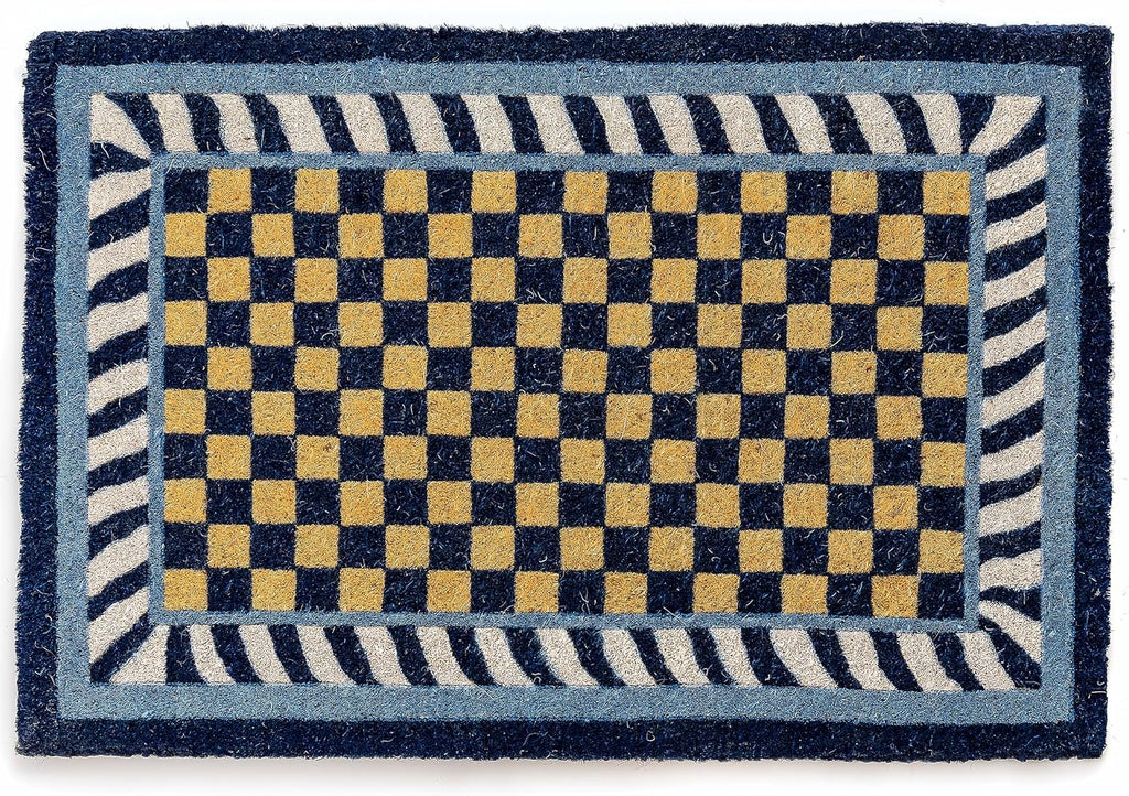 MACKENZIE-CHILDS Entrance Mat, Decorative Outdoor Front-Door Mat, Coir Doormat, Blue-and-White Royal Check