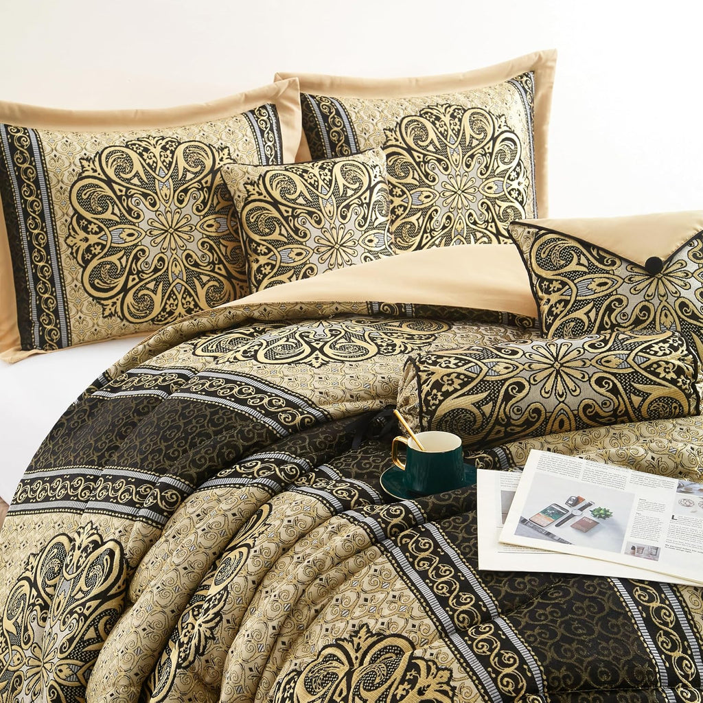 Grand Avenue Medallion 7 Piece Black Gold Comforter Set, King Size Jacquard Bedding, All Season Bedding Set, Bed Skirt, Pillows & Shams