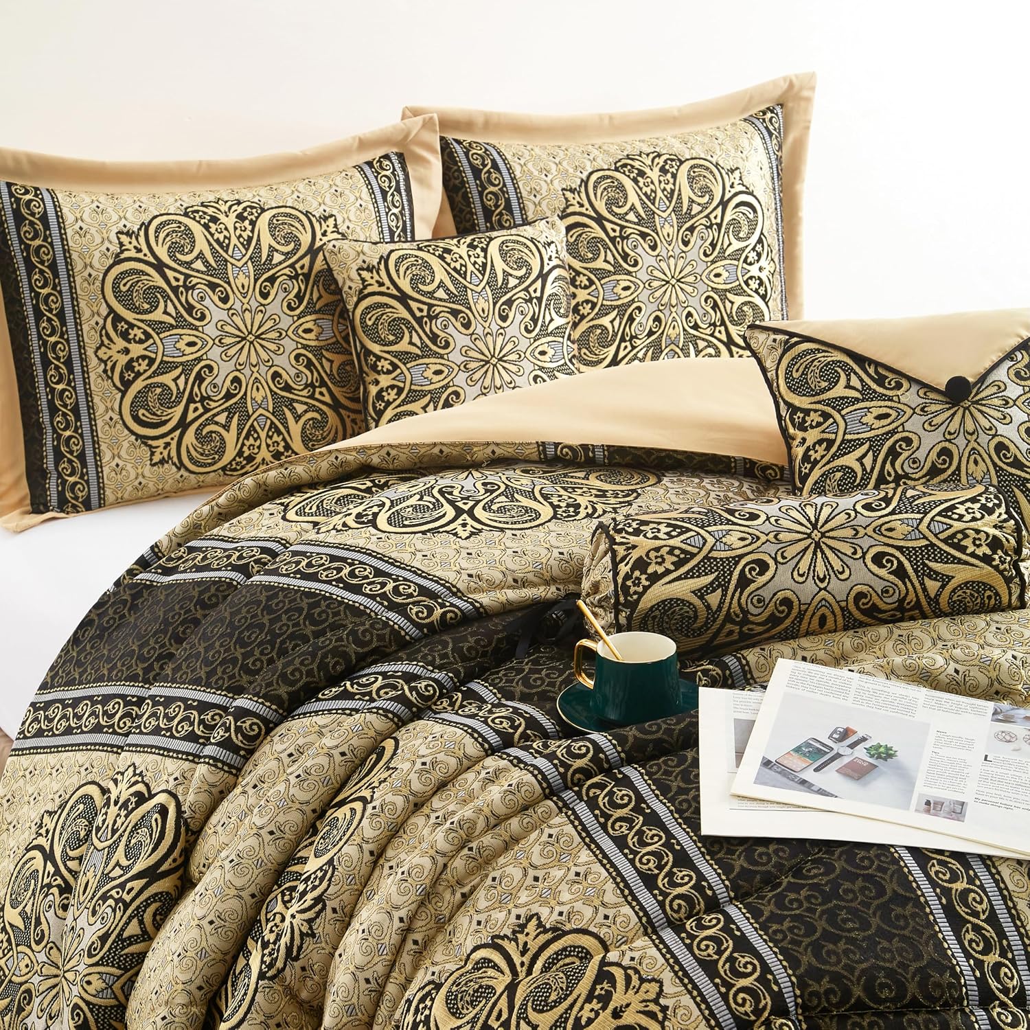 Grand Avenue Medallion 7 Piece Black Gold Comforter Set, King Size Jacquard Bedding, All Season Bedding Set, Bed Skirt, Pillows & Shams