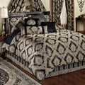 Fenmore Damask Medallion Oversized Luxury Bedding | Rich Black Taupe Silver Gray Wheat Almond | 4 Piece Comforter Set: Queen Comforter, 2 Standard Shams, and Bedskirt | Sophisticated Elegant Royal