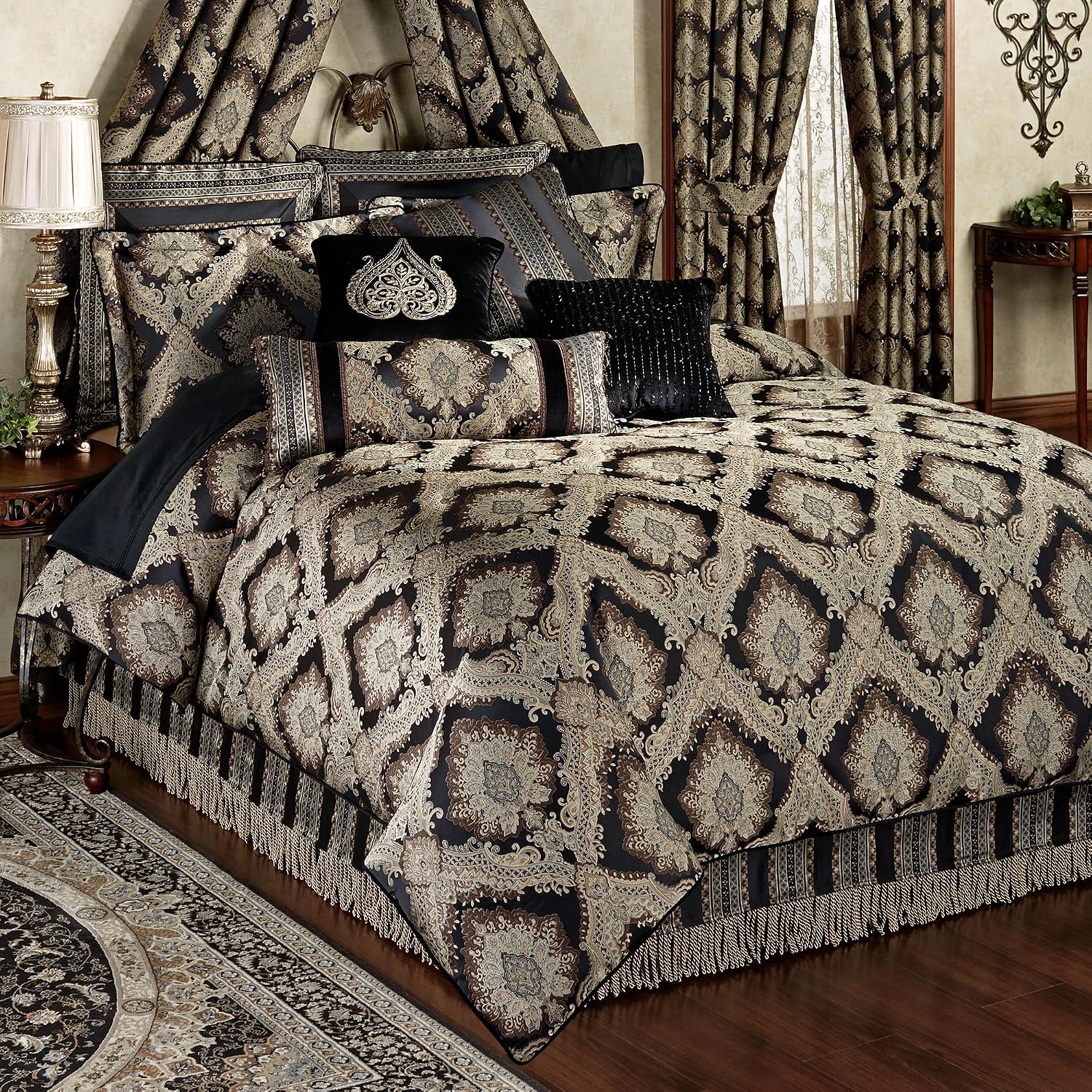 Fenmore Damask Medallion Oversized Luxury Bedding | Rich Black Taupe Silver Gray Wheat Almond | 4 Piece Comforter Set: Queen Comforter, 2 Standard Shams, and Bedskirt | Sophisticated Elegant Royal