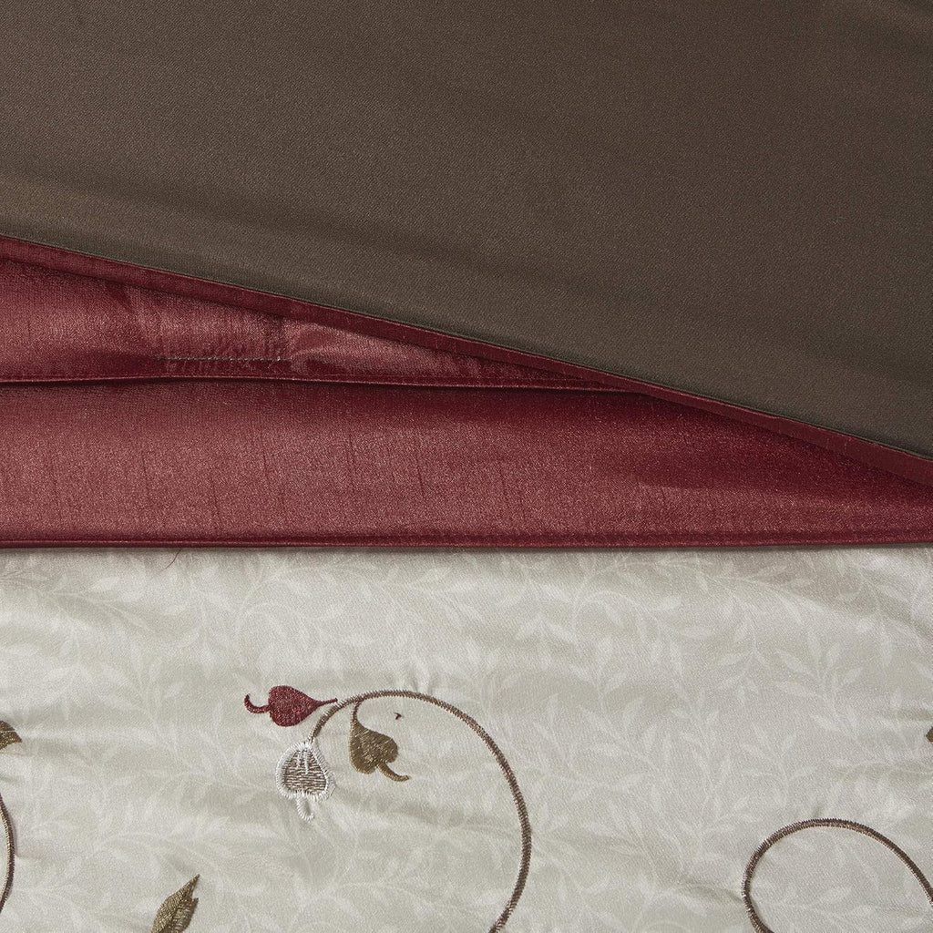 Madison Park Serene Faux Silk Comforter Set - Floral Embroidery Design, All Season Bedding Set, Matching Bed Skirt, Decorative Pillows, Red Cal King(104'x92') 7 Piece