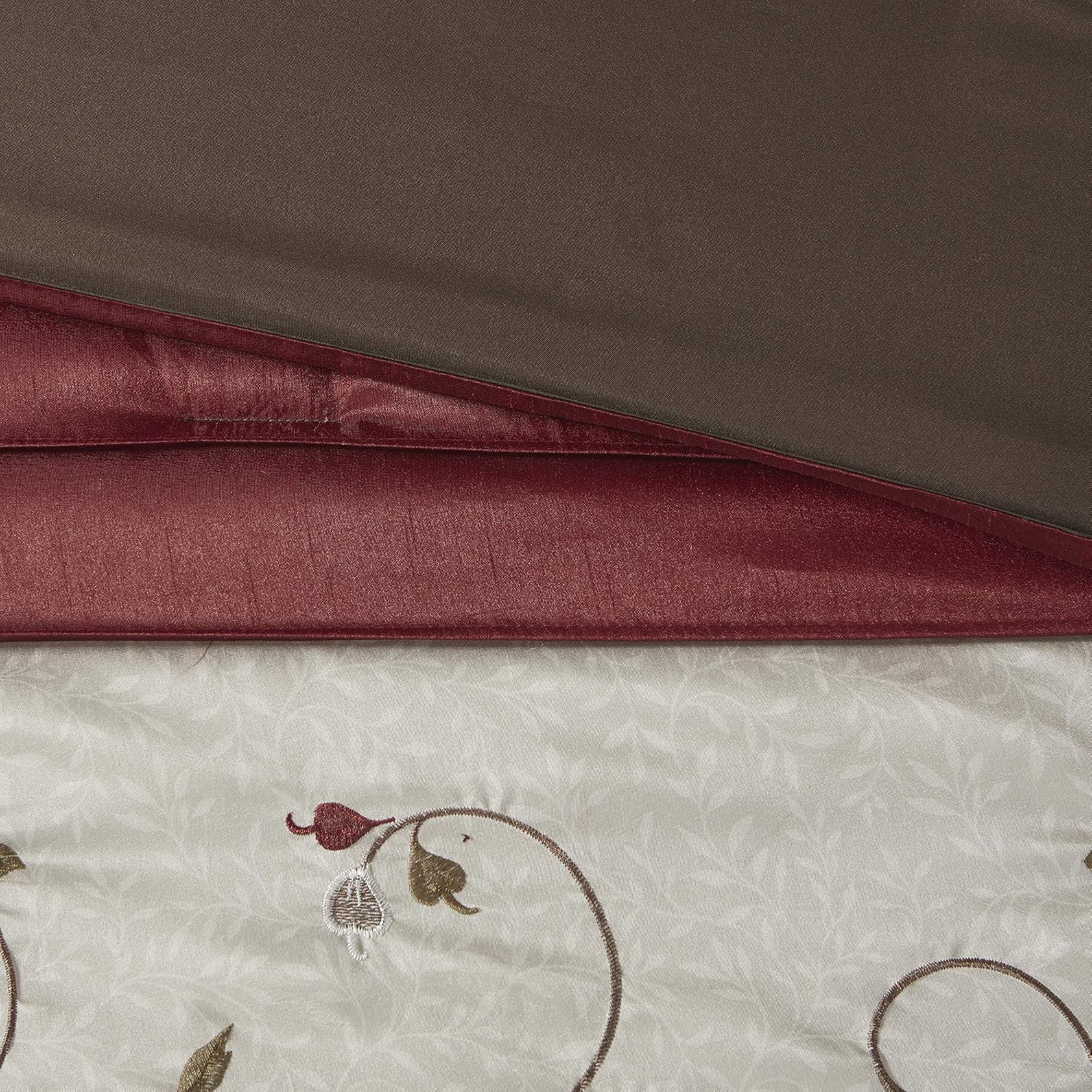 Madison Park Serene Faux Silk Comforter Set - Floral Embroidery Design, All Season Bedding Set, Matching Bed Skirt, Decorative Pillows, Red Cal King(104'x92') 7 Piece