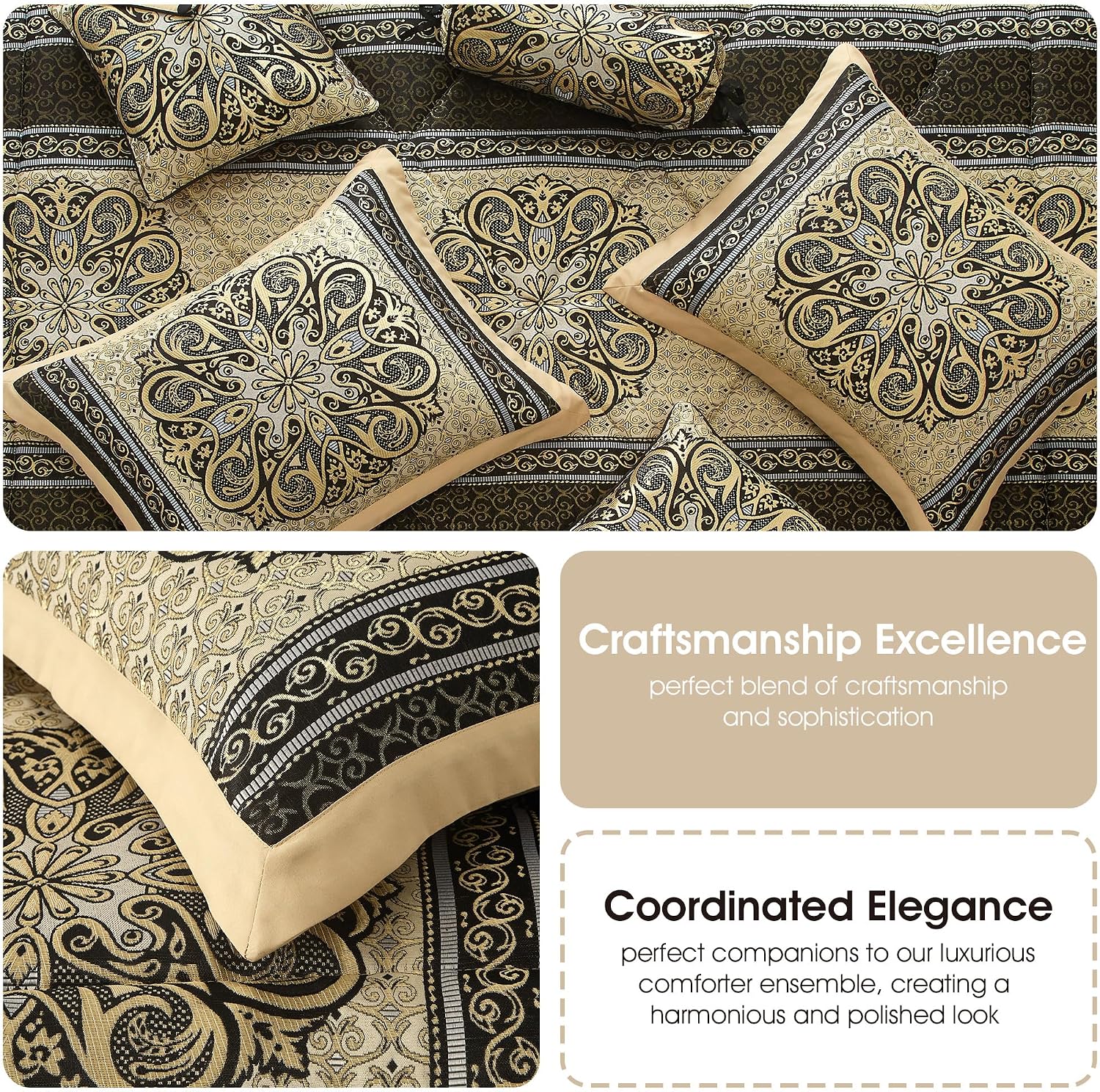 Grand Avenue Medallion 7 Piece Black Gold Comforter Set, King Size Jacquard Bedding, All Season Bedding Set, Bed Skirt, Pillows & Shams