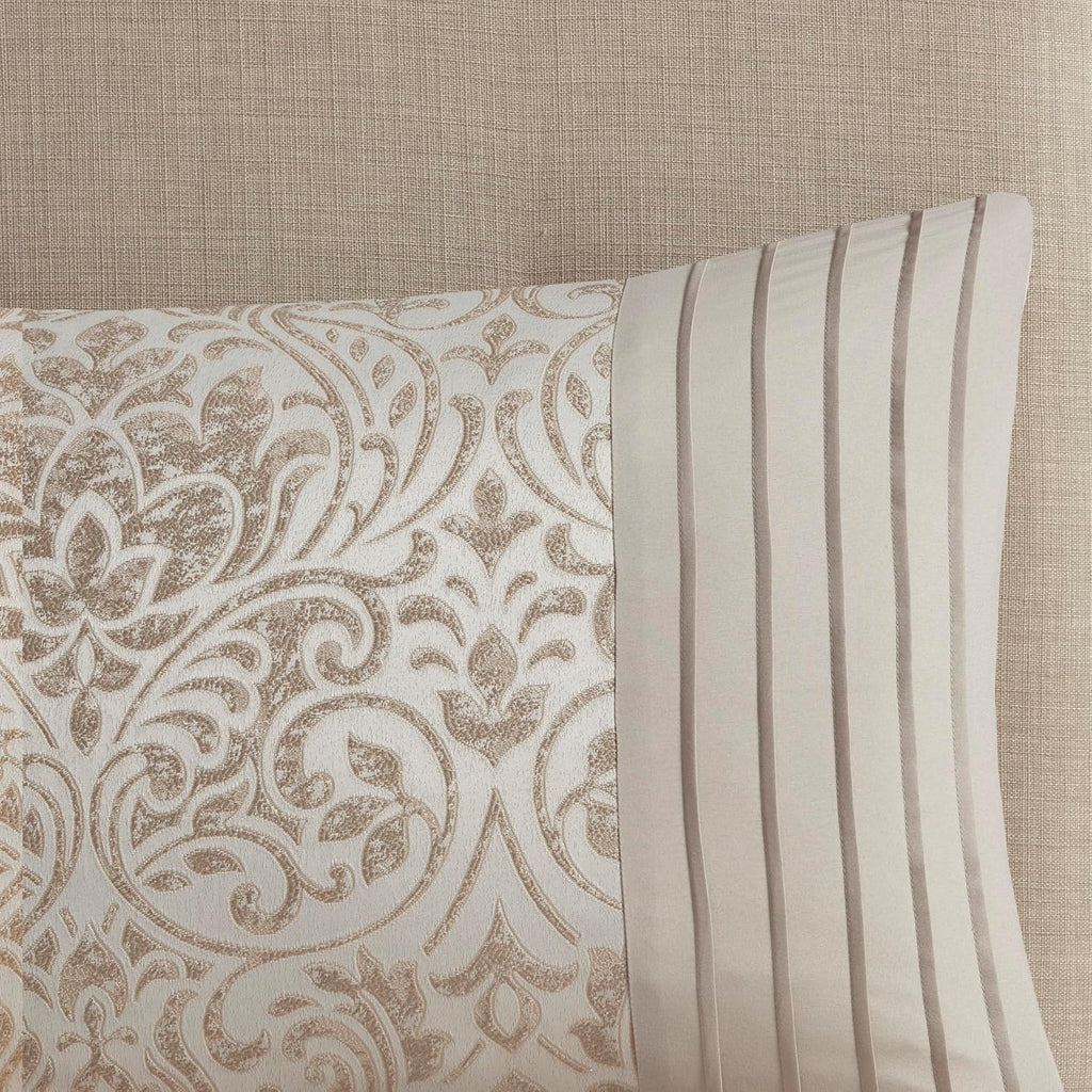 Madison Park Emilia Bed in a Bag Comforter Set with Sheets, Gold Metallic Jacquard Damask Design, Traditional, All Season Bedding Includes Bedskirt, Shams, Toss Pillows, Cal King Khaki/Gold 12 Piece
