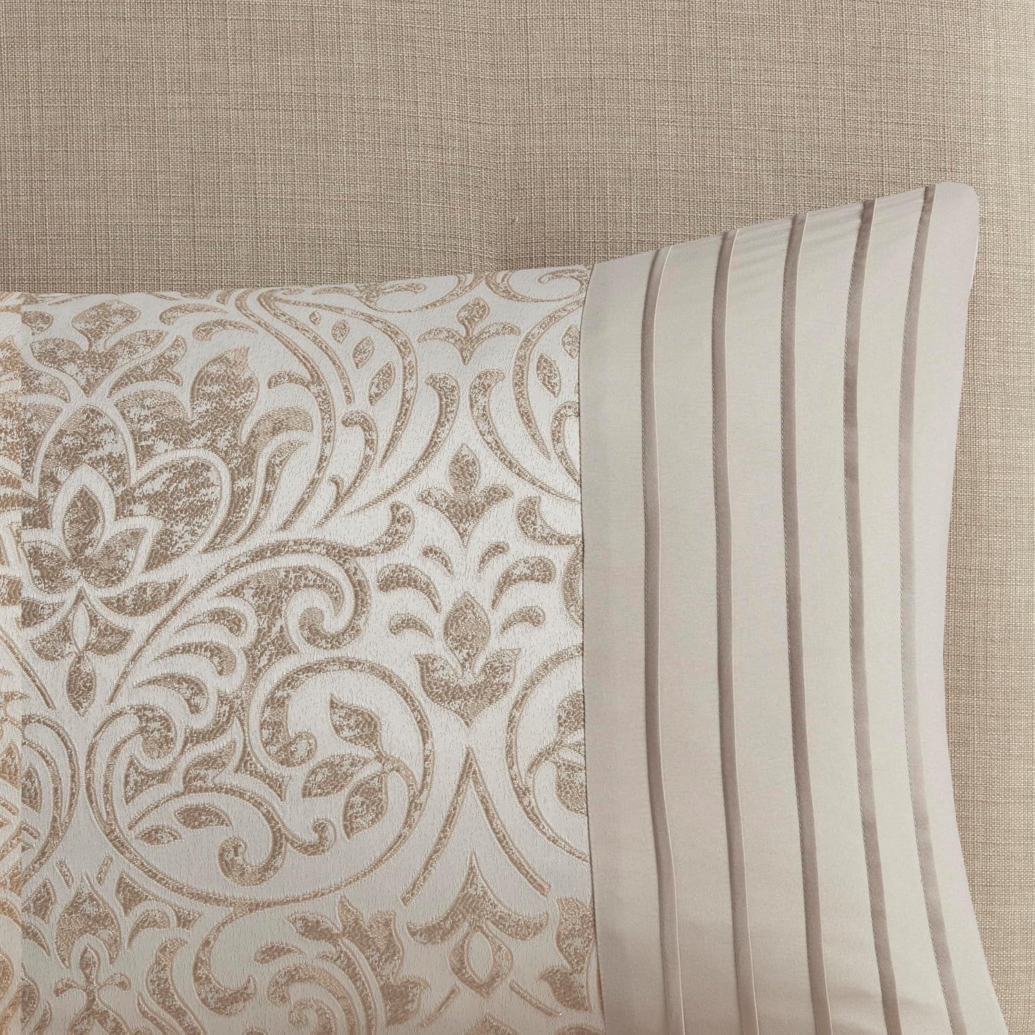 Madison Park Emilia Bed in a Bag Comforter Set with Sheets, Gold Metallic Jacquard Damask Design, Traditional, All Season Bedding Includes Bedskirt, Shams, Toss Pillows, Cal King Khaki/Gold 12 Piece