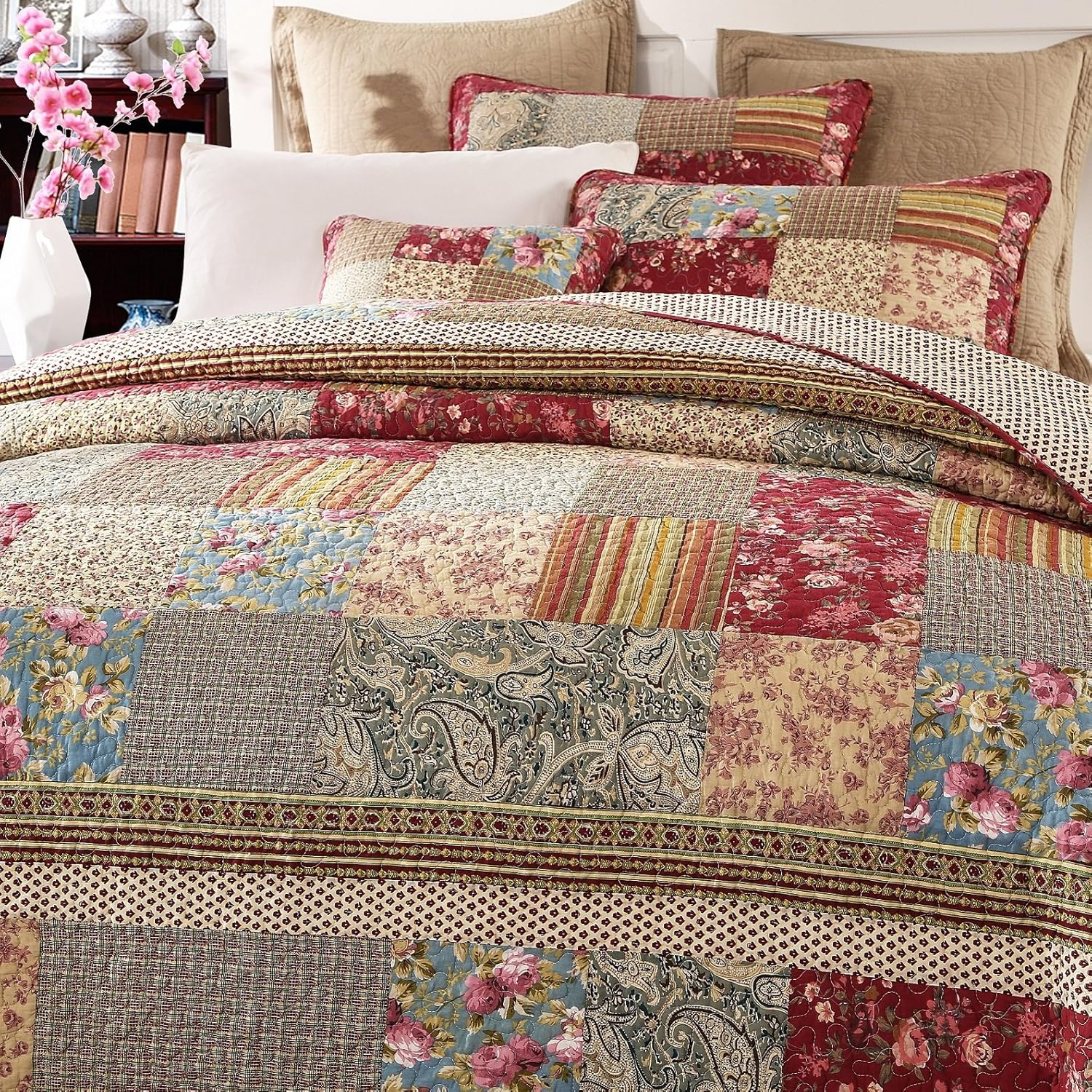 Tache Cotton Patchwork Country Farm Cottage Vintage Antique Ditsy Floral Paisley Burgundy Beige Lightweight Coverlet Fairy Tale Tea Party Quilt Set, California King