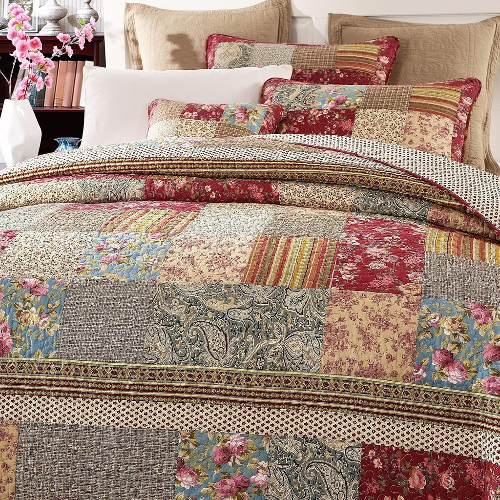 Tache Cotton Patchwork Country Farm Cottage Vintage Antique Ditsy Floral Paisley Burgundy Beige Lightweight Coverlet Fairy Tale Tea Party Quilt Set, Twin