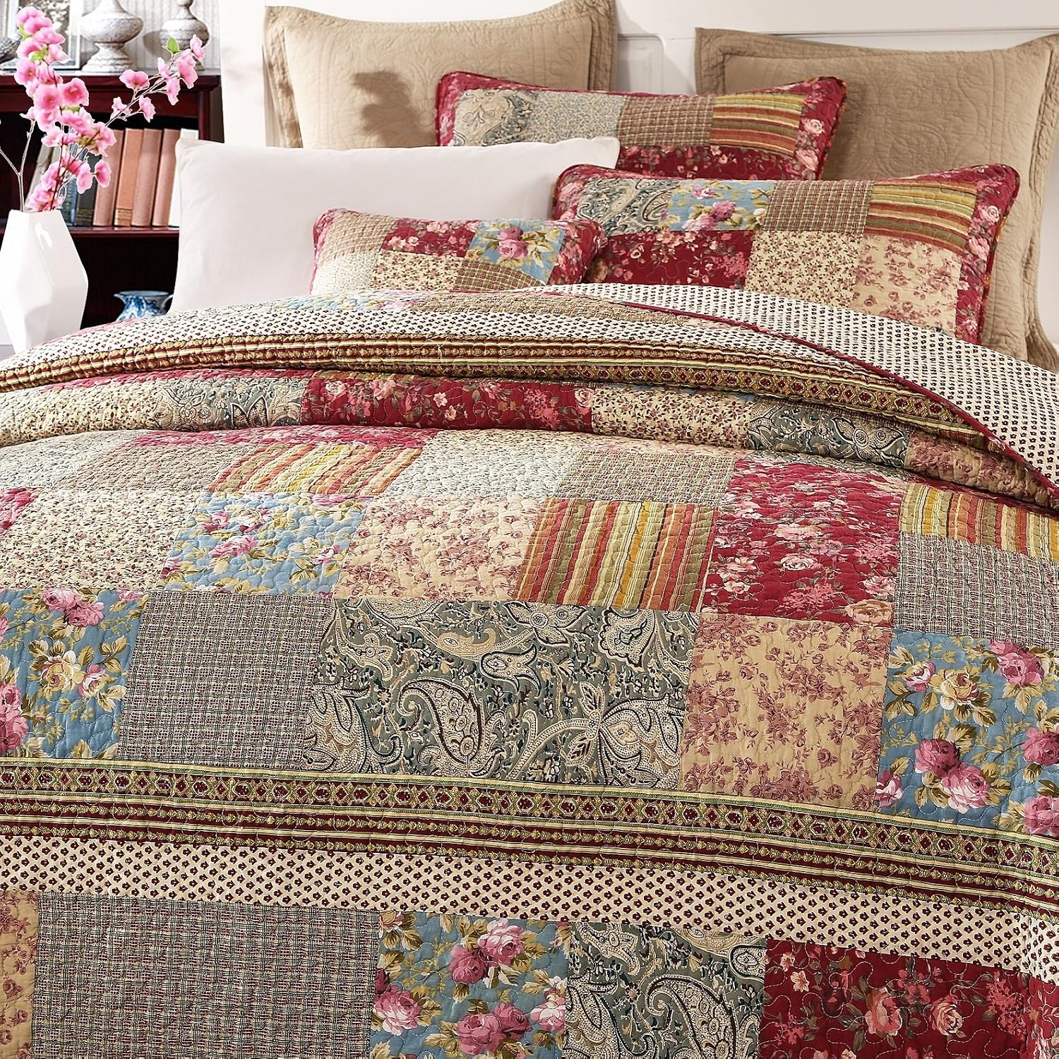 Tache Cotton Patchwork Country Farm Cottage Vintage Antique Ditsy Floral Paisley Burgundy Beige Lightweight Coverlet Fairy Tale Tea Party Quilt Set, Twin
