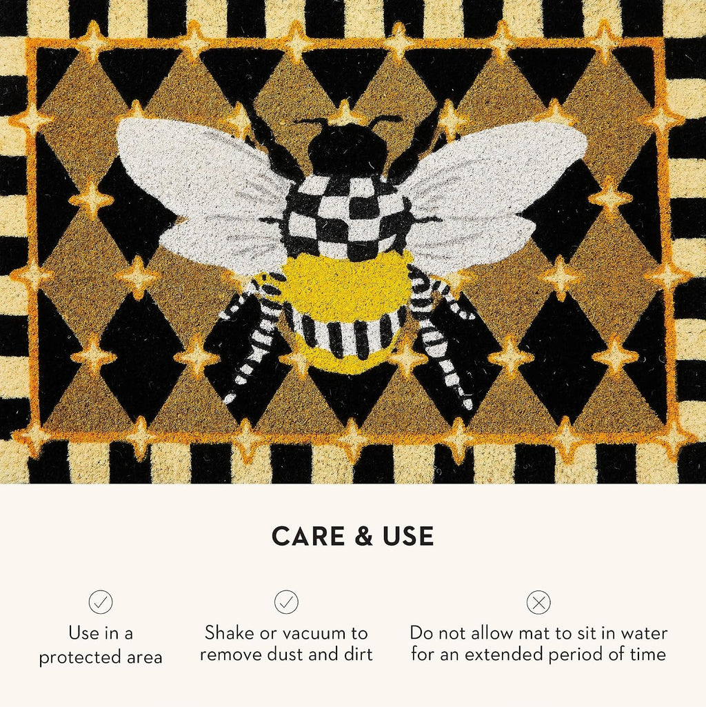 MACKENZIE-CHILDS Entrance Mat, Decorative Outdoor Coir Doormat, Honeycomb with Bees, Black, 24' x 36'