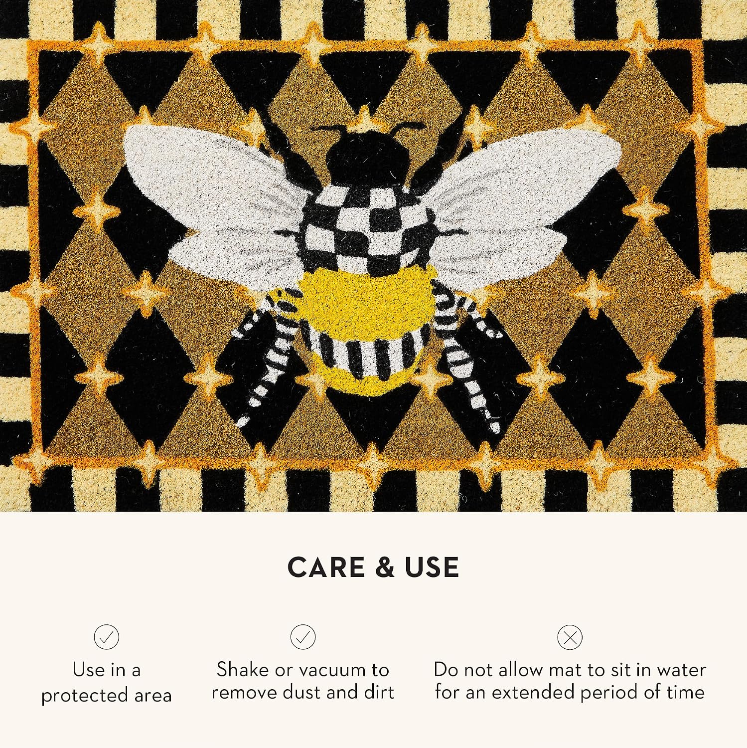 MACKENZIE-CHILDS Entrance Mat, Decorative Outdoor Coir Doormat, Honeycomb with Bees, Black, 24' x 36'