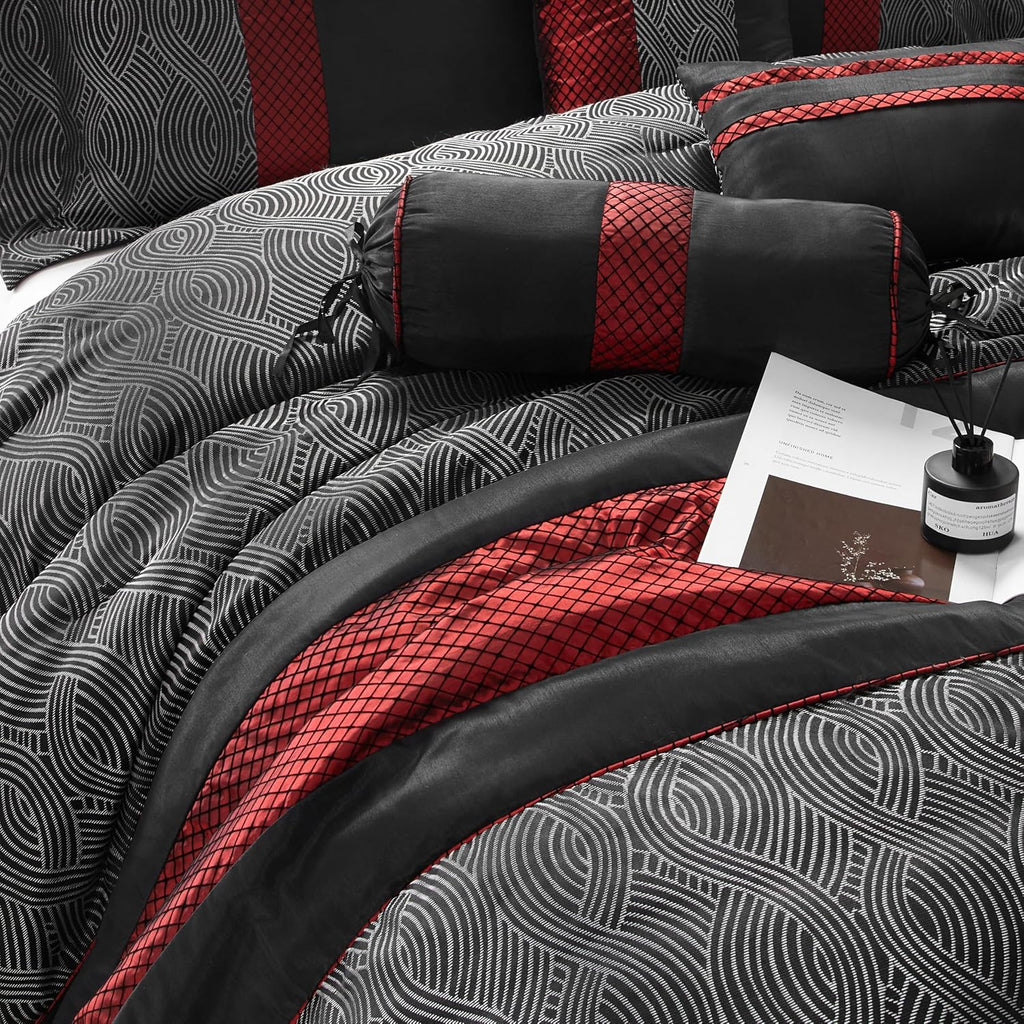 Grand Avenue Red and Black Comforter Set Full, Jacquard & Flocking Technique, Modern Design All Season Striped Bedding Sets, 7 Pieces Home Décor
