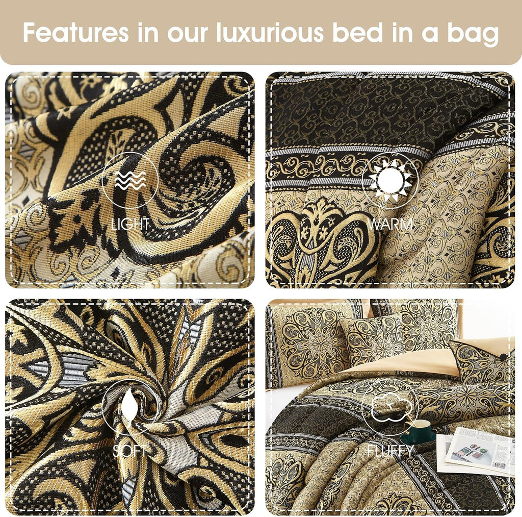 Grand Avenue Medallion 7 Piece Black Gold Comforter Set, King Size Jacquard Bedding, All Season Bedding Set, Bed Skirt, Pillows & Shams