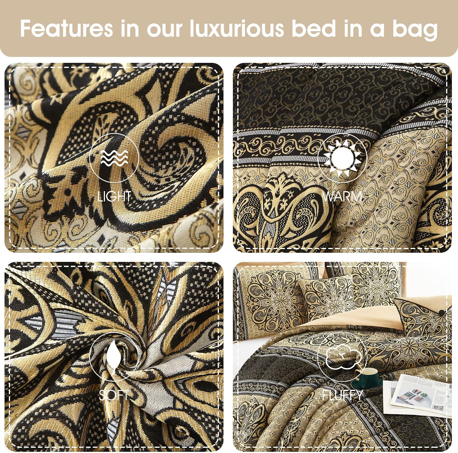 Grand Avenue Medallion 7 Piece Black Gold Comforter Set, King Size Jacquard Bedding, All Season Bedding Set, Bed Skirt, Pillows & Shams