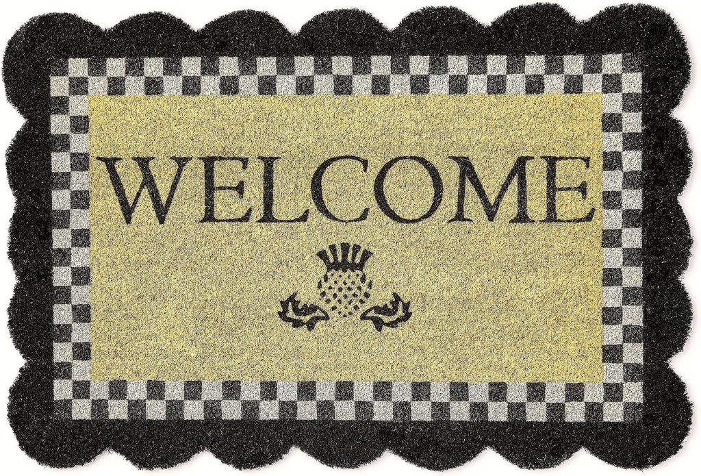 MACKENZIE-CHILDS Entrance Mat, Decorative Outdoor Front Door Mat, Coir Door Mat, Welcome, 24' x 36', Black Check with Scalloped Edge