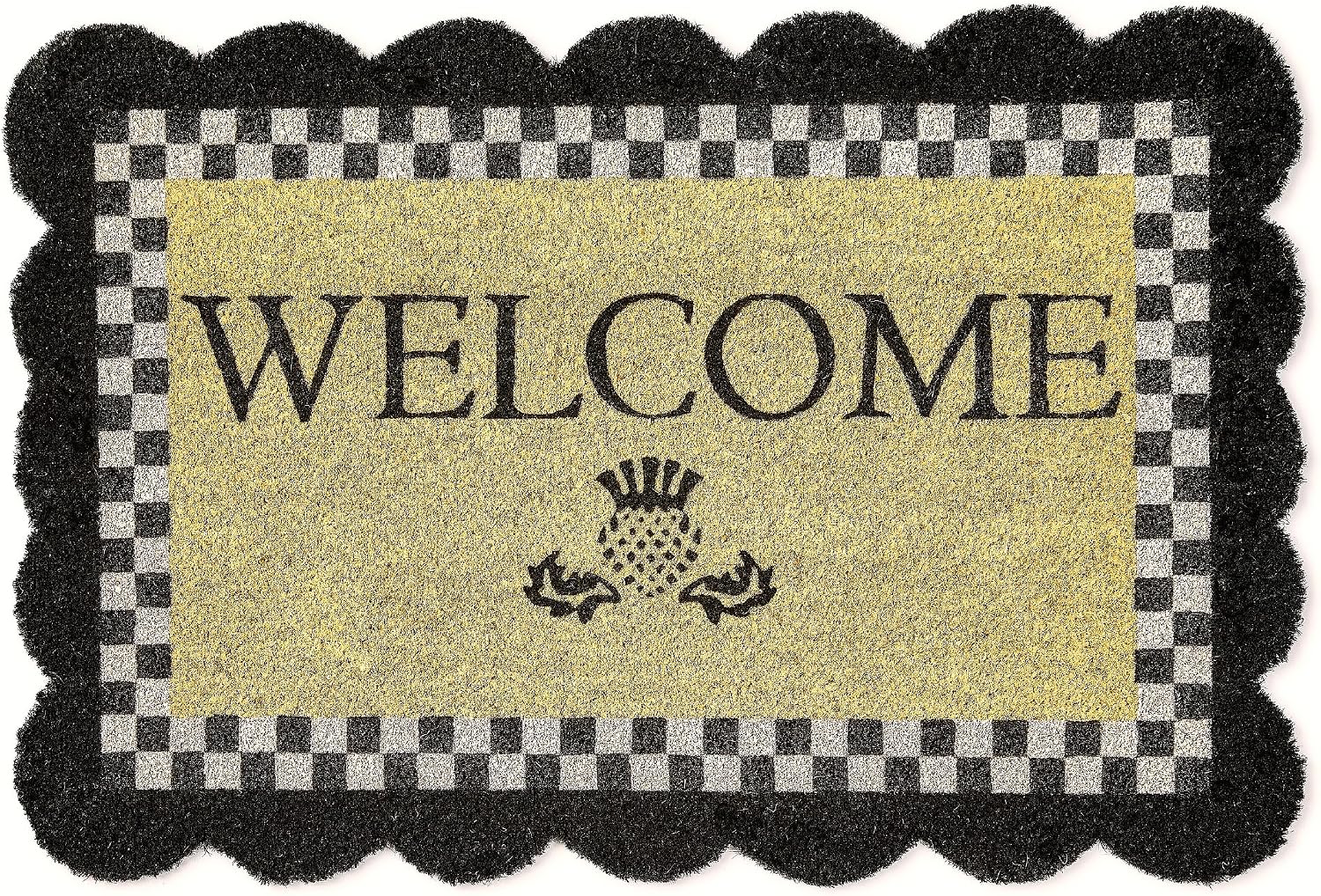 MACKENZIE-CHILDS Entrance Mat, Decorative Outdoor Front Door Mat, Coir Door Mat, Welcome, 24' x 36', Black Check with Scalloped Edge