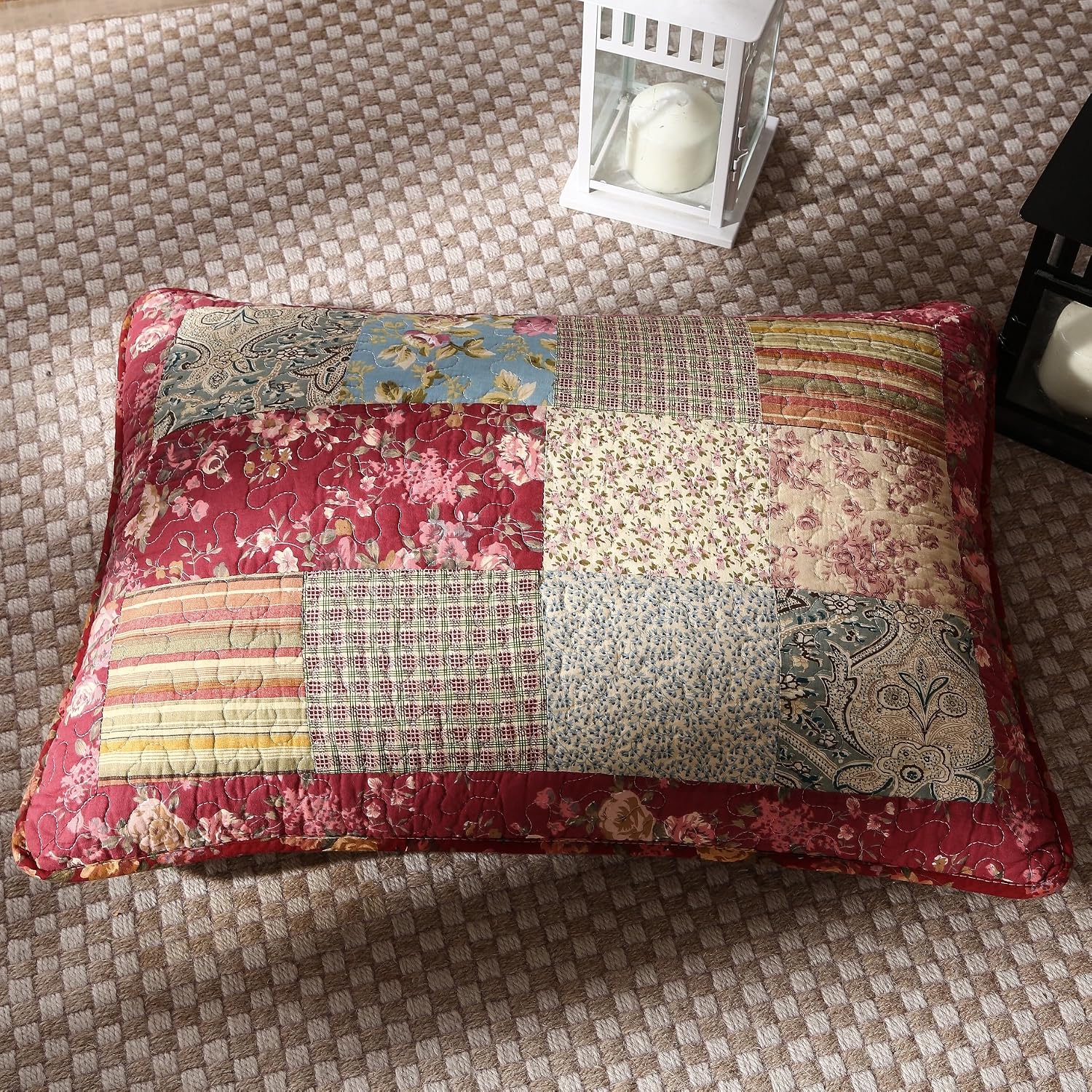 Tache Cotton Patchwork Country Farm Cottage Vintage Antique Ditsy Floral Paisley Burgundy Beige Lightweight Coverlet Fairy Tale Tea Party Quilt Set, California King