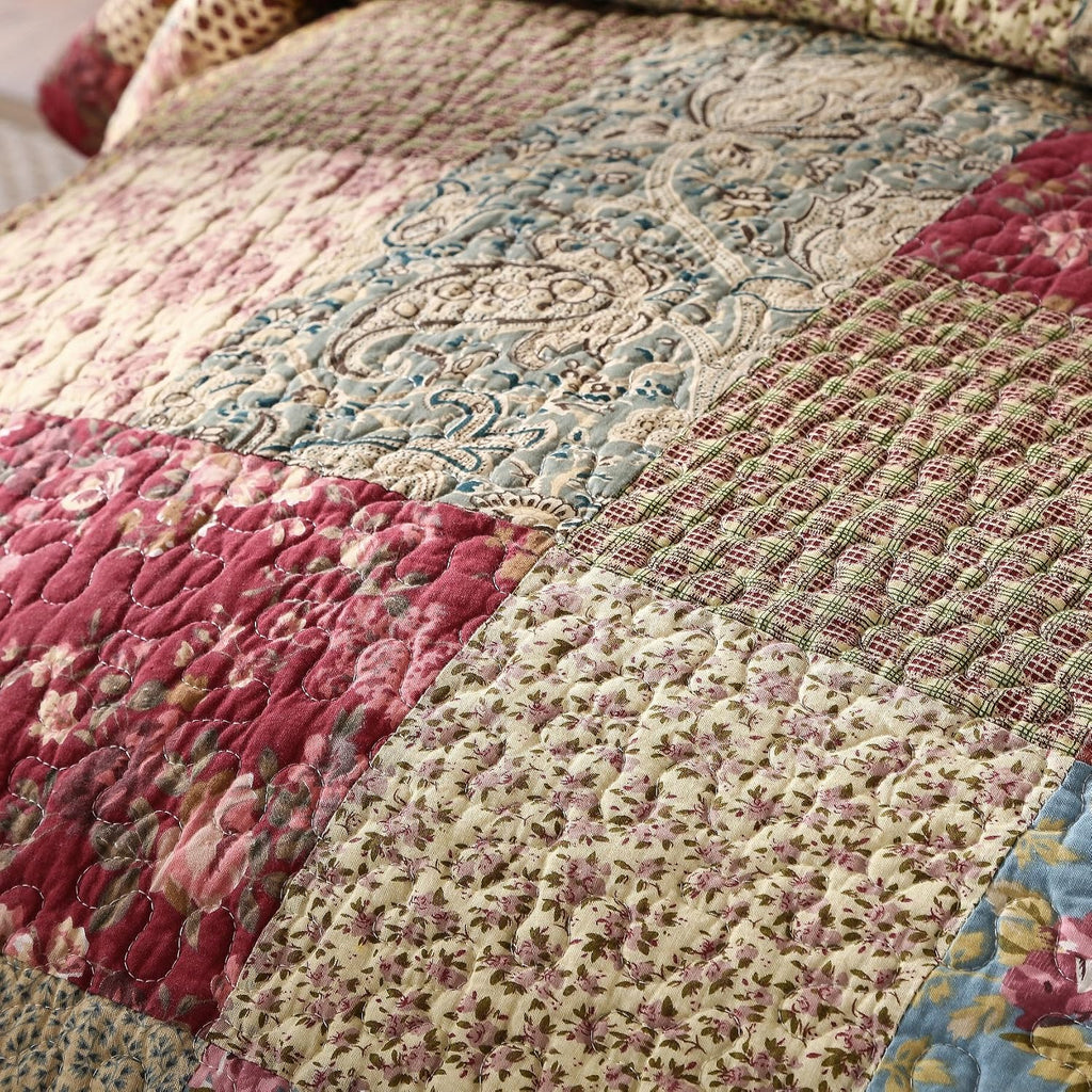 Tache Cotton Patchwork Country Farm Cottage Vintage Antique Ditsy Floral Paisley Burgundy Beige Lightweight Coverlet Fairy Tale Tea Party Quilt Set, California King