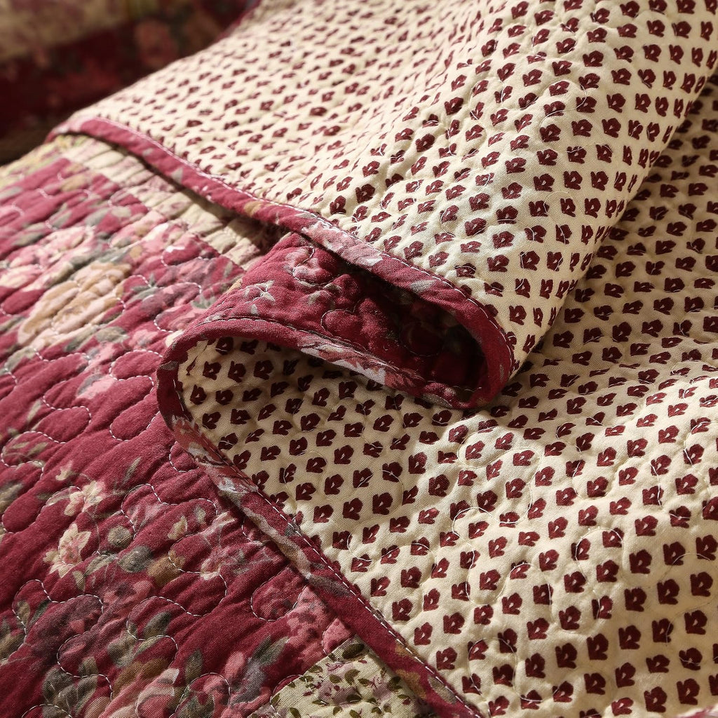 Tache Cotton Patchwork Country Farm Cottage Vintage Antique Ditsy Floral Paisley Burgundy Beige Lightweight Coverlet Fairy Tale Tea Party Quilt Set, Queen