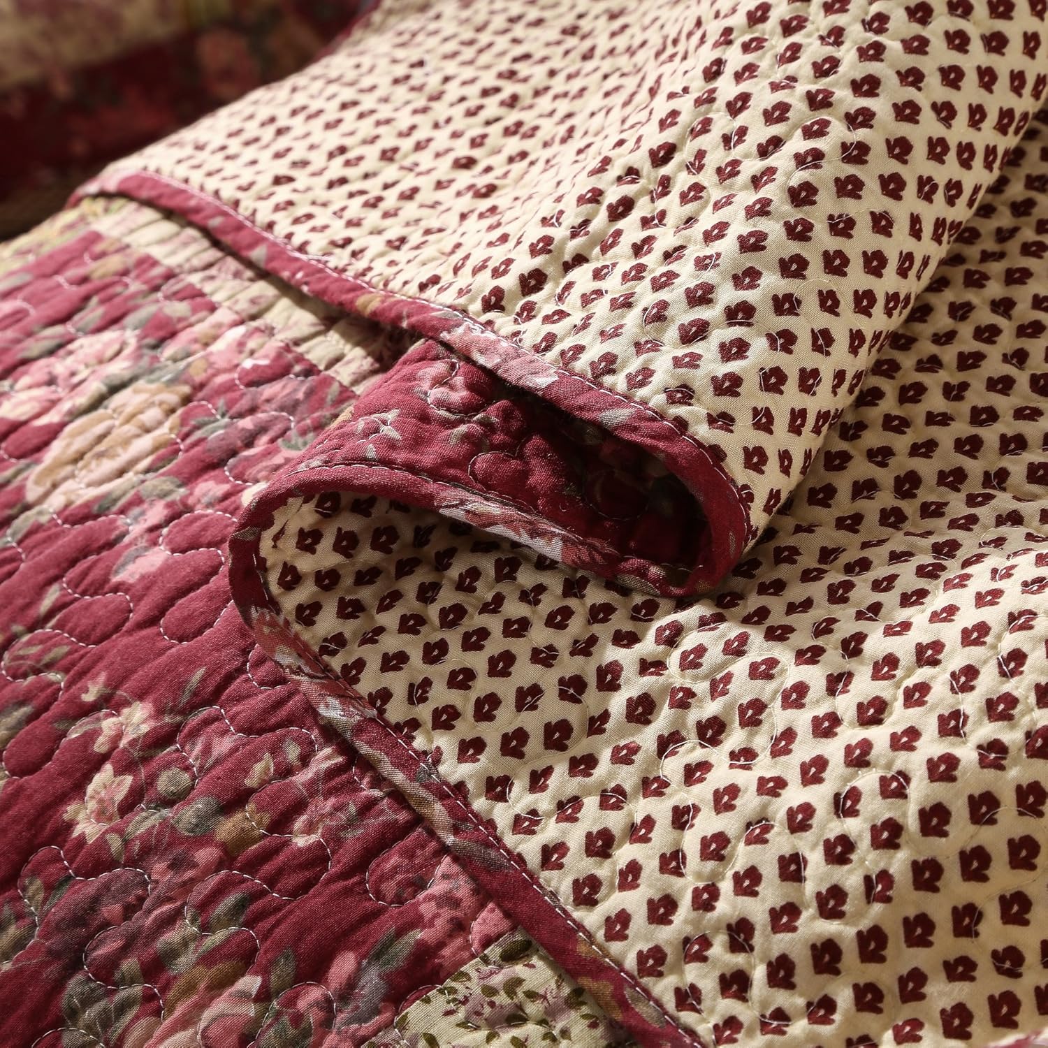 Tache Cotton Patchwork Country Farm Cottage Vintage Antique Ditsy Floral Paisley Burgundy Beige Lightweight Coverlet Fairy Tale Tea Party Quilt Set, California King
