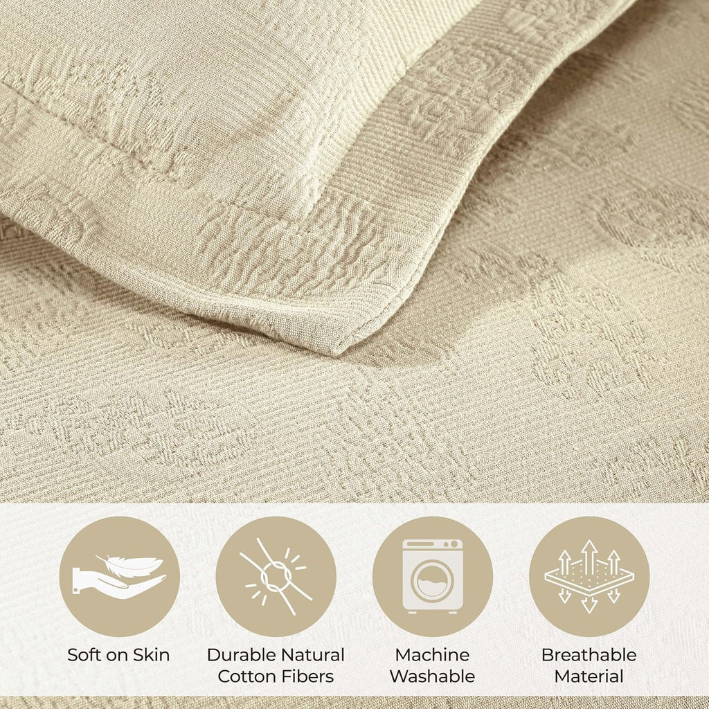 Superior Paisley 3 Piece Cotton Bedspread Set, Home Bed Decor, Decorative Bed Spread, 2 Pillow Shams, Medium Weight Blanket, Matelasse Coverlet Bedding, Vintage Floral Pattern, Queen, Ivory