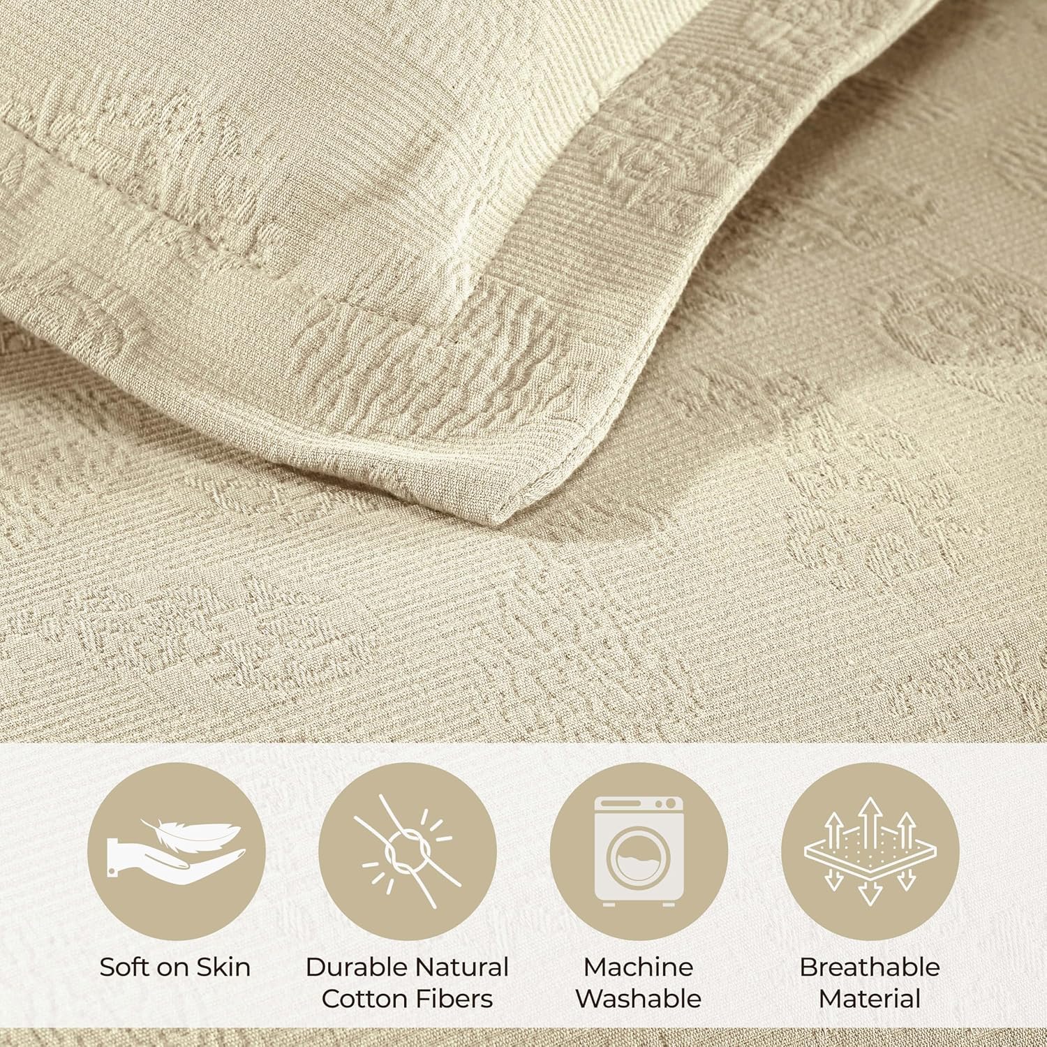 Superior Paisley 3 Piece Cotton Bedspread Set, Home Bed Decor, Decorative Bed Spread, 2 Pillow Shams, Medium Weight Blanket, Matelasse Coverlet Bedding, Vintage Floral Pattern, Queen, Ivory