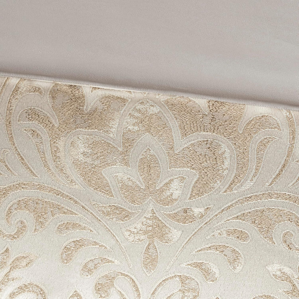 Madison Park Emilia Bed in a Bag Comforter Set with Sheets, Gold Metallic Jacquard Damask Design, Traditional, All Season Bedding Includes Bedskirt, Shams, Toss Pillows, Cal King Khaki/Gold 12 Piece