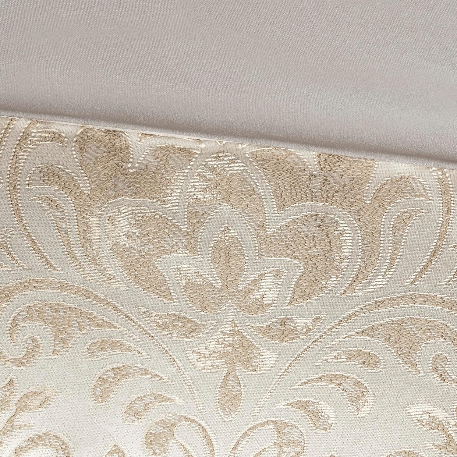 Madison Park Emilia Bed in a Bag Comforter Set with Sheets, Gold Metallic Jacquard Damask Design, Traditional, All Season Bedding Includes Bedskirt, Shams, Toss Pillows, Cal King Khaki/Gold 12 Piece