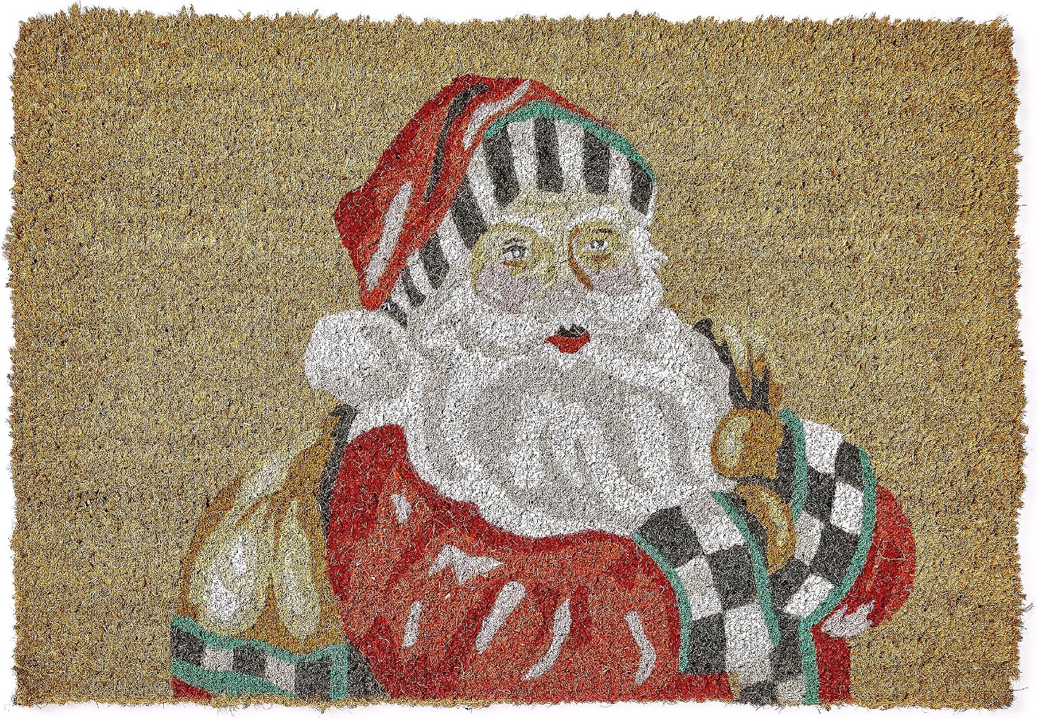MACKENZIE-CHILDS Entrance Mat, Decorative Outdoor Front Door Mat for Christmas, Coir Door Mat, 24' x 36', Santa with Presents
