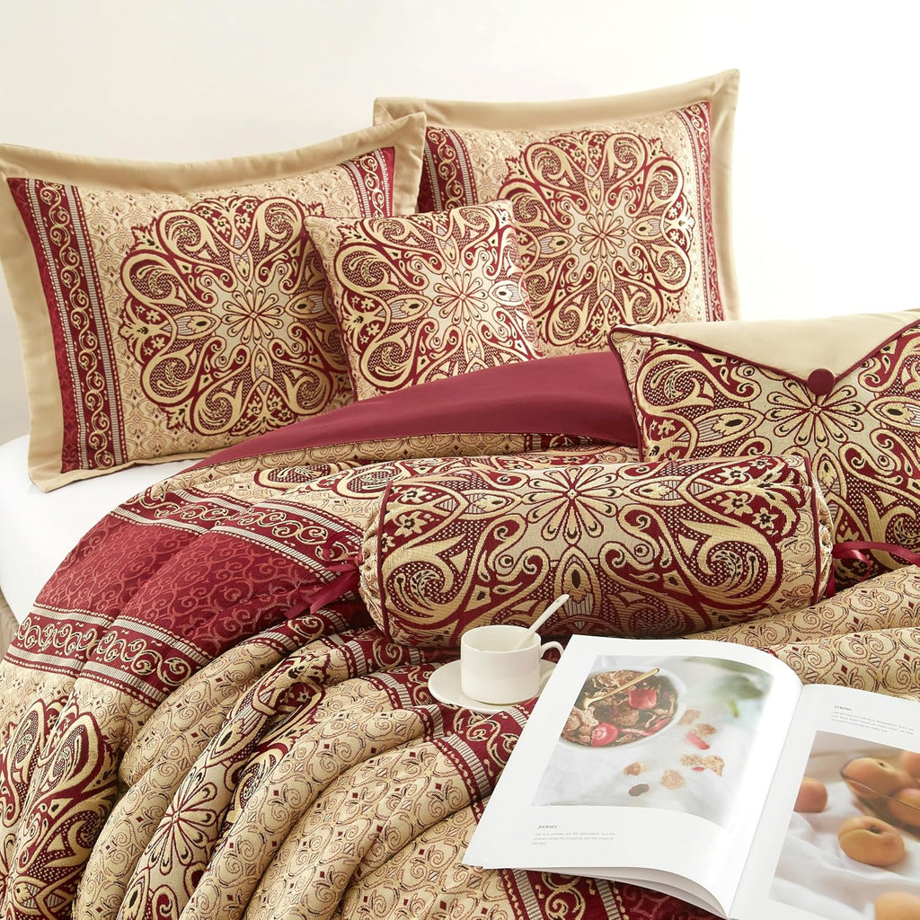 Grand Avenue Wine Gold Jacquard Comforter Set,Size Queen, 7 Piece, Burgundy Home Decor, Premium Lightweight Microfiber, Matching Bedskirt, Decorative Pillows & Shams, All Season Luxurious Bedding Set