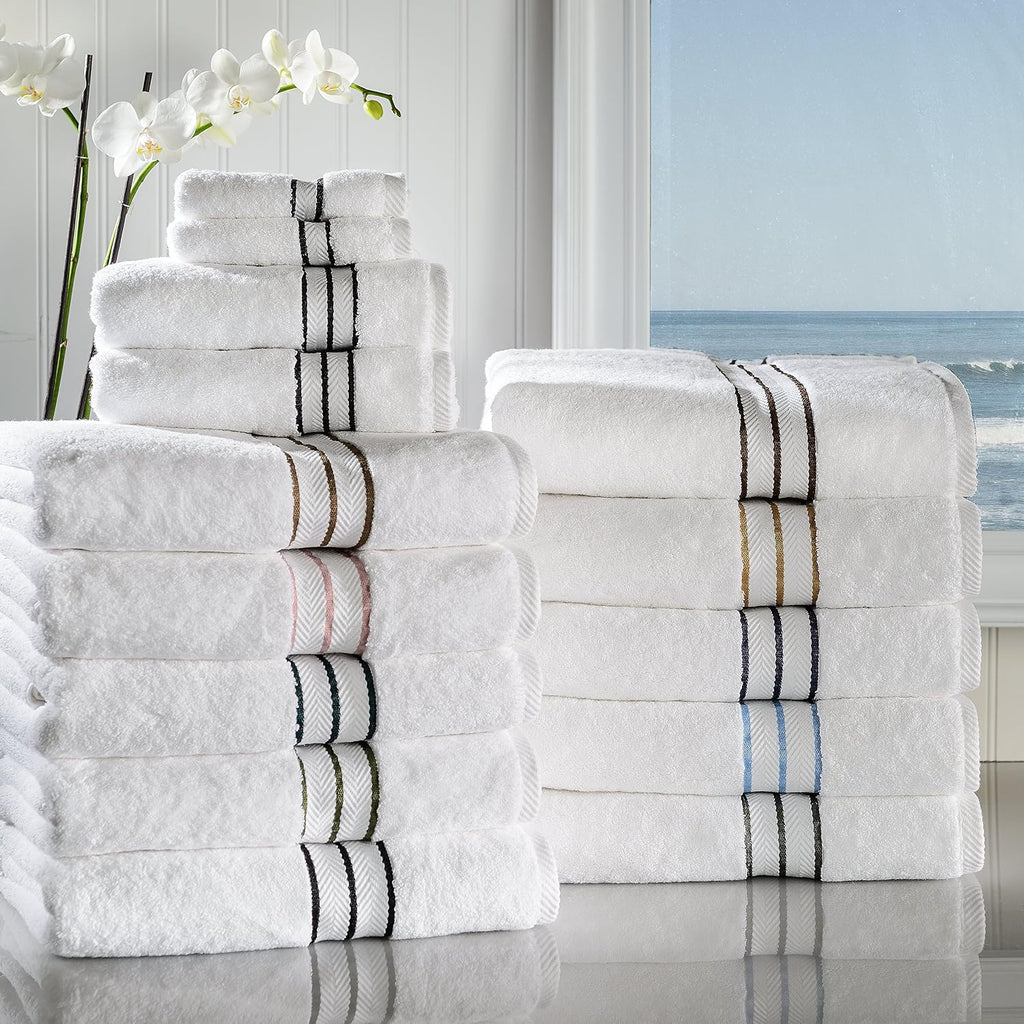 Superior Hotel Turkish Cotton 10 Piece Towel Set, Ultra Plush Spa Quality Heavyweight Essentials for Bathroom, Thick Absorbent and Soft, Dobby Border, Includes 2 Bath 4 Hand 4 Washcloths, Navy Blue