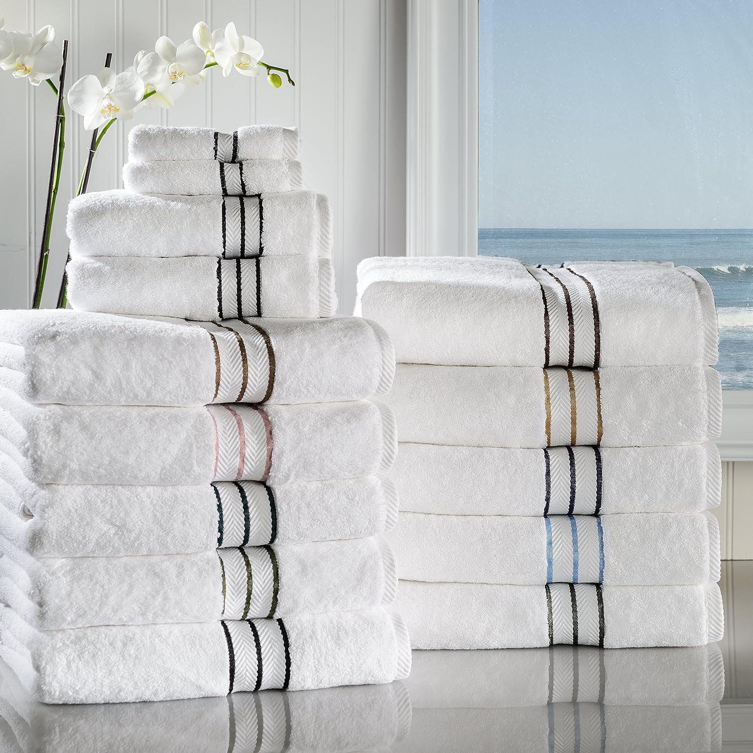 Superior Hotel Turkish Cotton 10 Piece Towel Set, Ultra Plush Spa Quality Heavyweight Essentials for Bathroom, Thick Absorbent and Soft, Dobby Border, Includes 2 Bath 4 Hand 4 Washcloths, Navy Blue