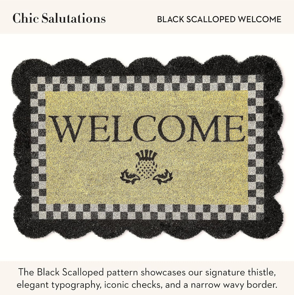 MACKENZIE-CHILDS Entrance Mat, Decorative Outdoor Front Door Mat, Coir Door Mat, Welcome, 24' x 36', Black Check with Scalloped Edge