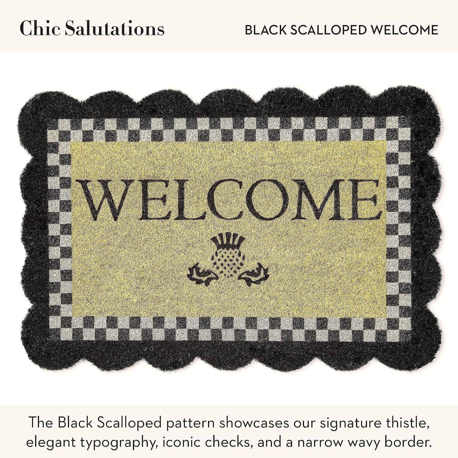 MACKENZIE-CHILDS Entrance Mat, Decorative Outdoor Front Door Mat, Coir Door Mat, Welcome, 24' x 36', Black Check with Scalloped Edge