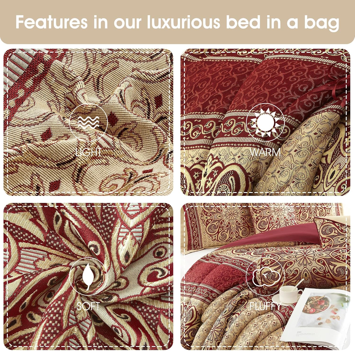 Grand Avenue Wine Gold Jacquard Comforter Set,Size Queen, 7 Piece, Burgundy Home Decor, Premium Lightweight Microfiber, Matching Bedskirt, Decorative Pillows & Shams, All Season Luxurious Bedding Set