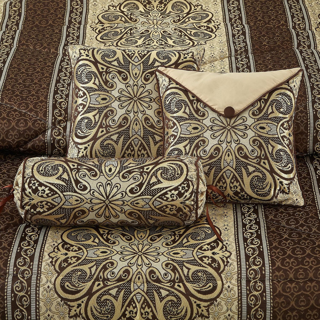 LANCO MODERN LIFESTYLE Queen Comforter Set, Brown Medallion Jacquard Design, Luxurious Bohemian 7 Pieces Bedding Set with Decorative Pillows and Bed Skirt