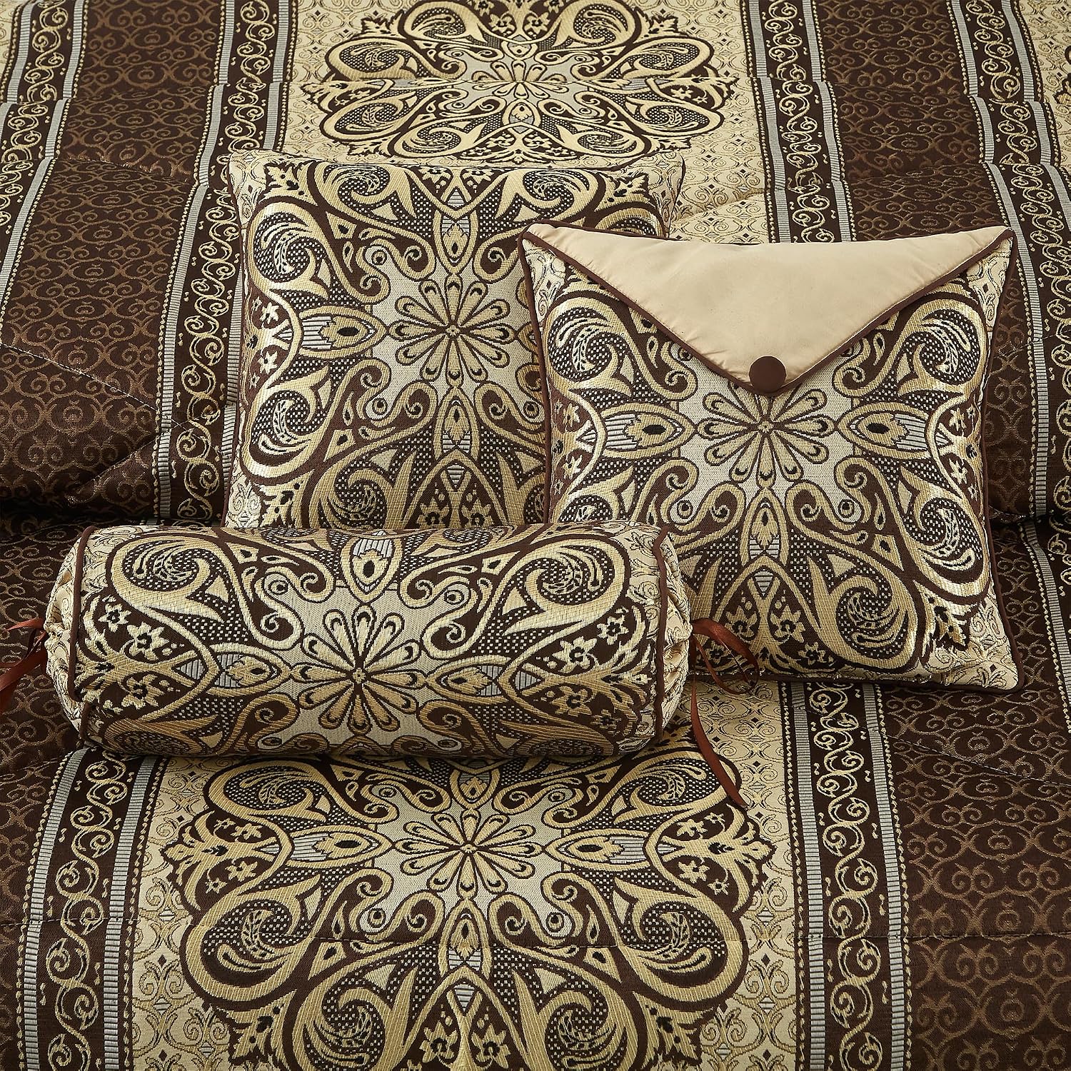 LANCO MODERN LIFESTYLE Queen Comforter Set, Brown Medallion Jacquard Design, Luxurious Bohemian 7 Pieces Bedding Set with Decorative Pillows and Bed Skirt
