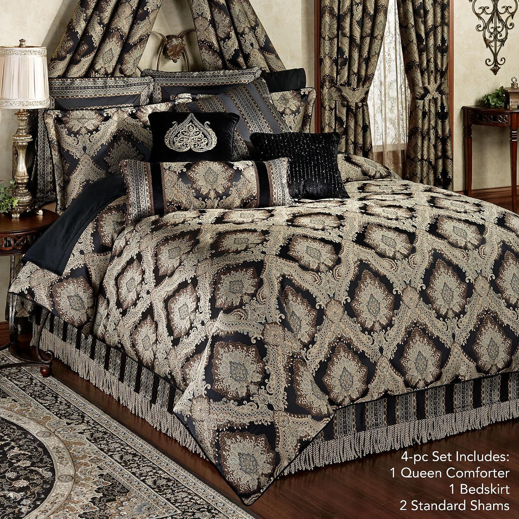 Fenmore Damask Medallion Oversized Luxury Bedding | Rich Black Taupe Silver Gray Wheat Almond | 4 Piece Comforter Set: Queen Comforter, 2 Standard Shams, and Bedskirt | Sophisticated Elegant Royal